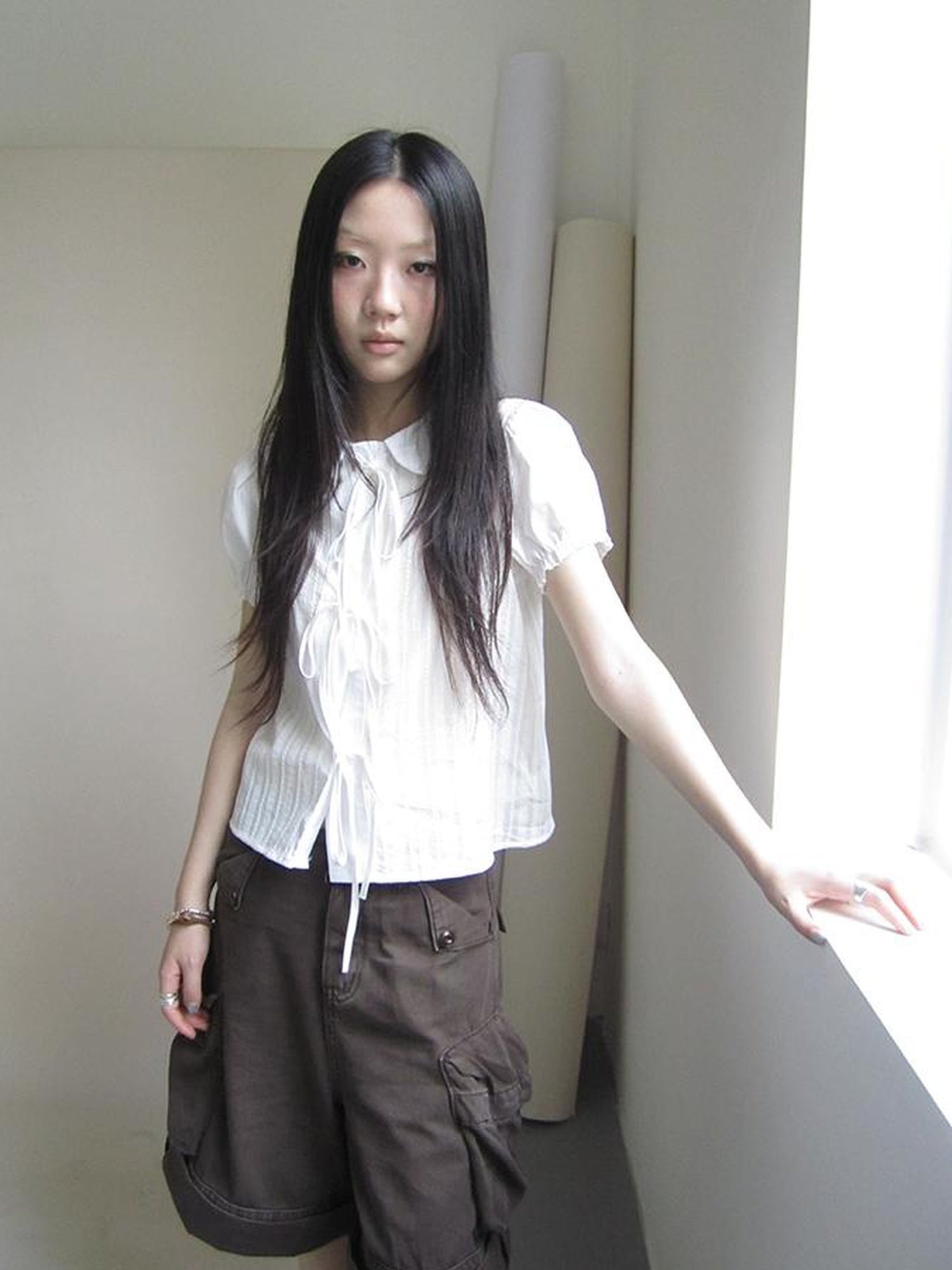 ang project Vintage Embroidery Doll Collar Short Sleeve Shirt