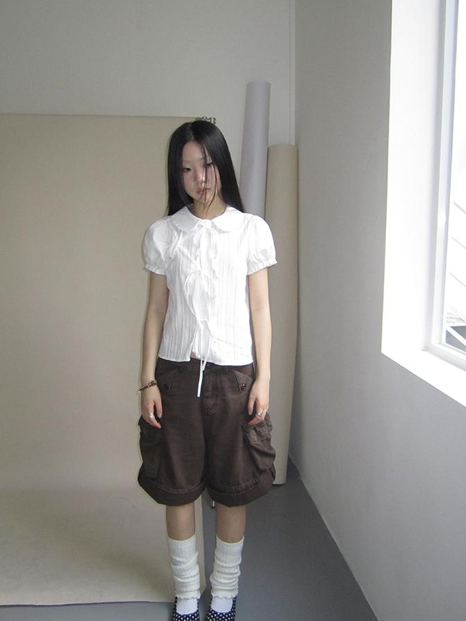ang project Vintage Embroidery Doll Collar Short Sleeve Shirt