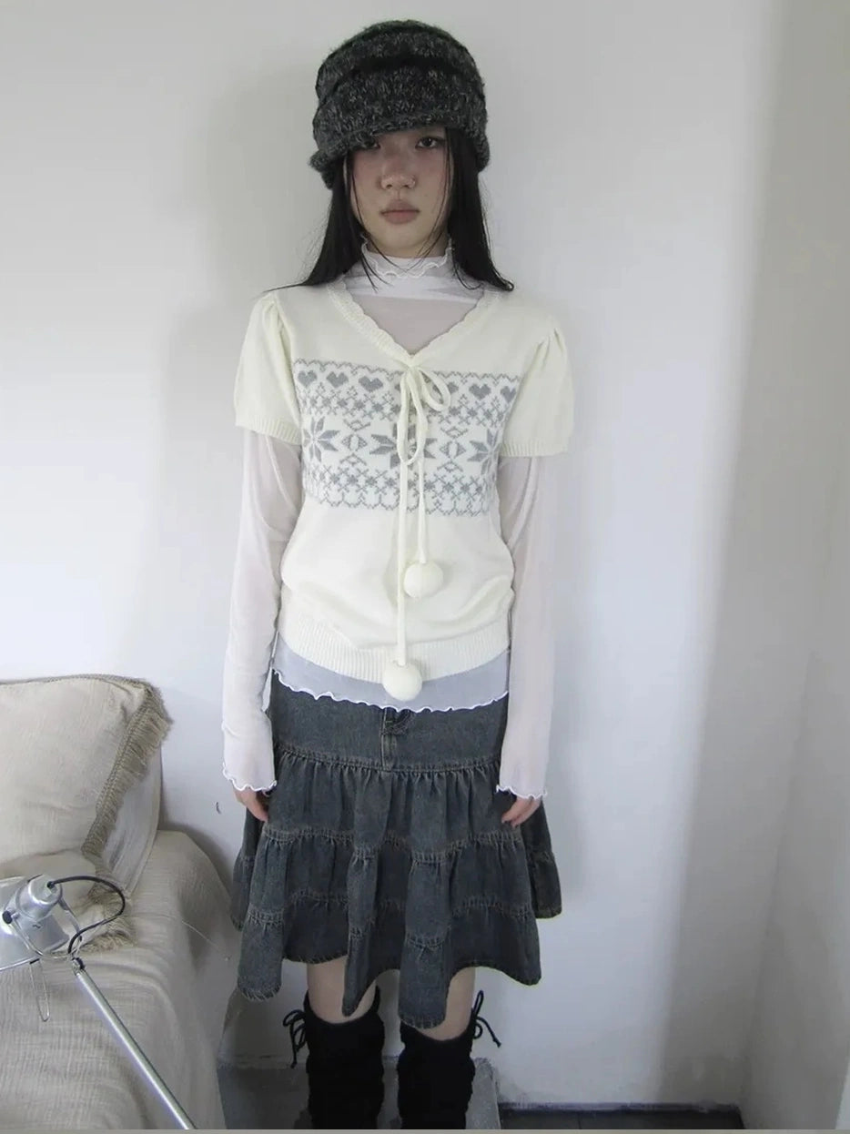 ang project Vintage Ethnic Jacquard Tie Front Knit Top Cardigan