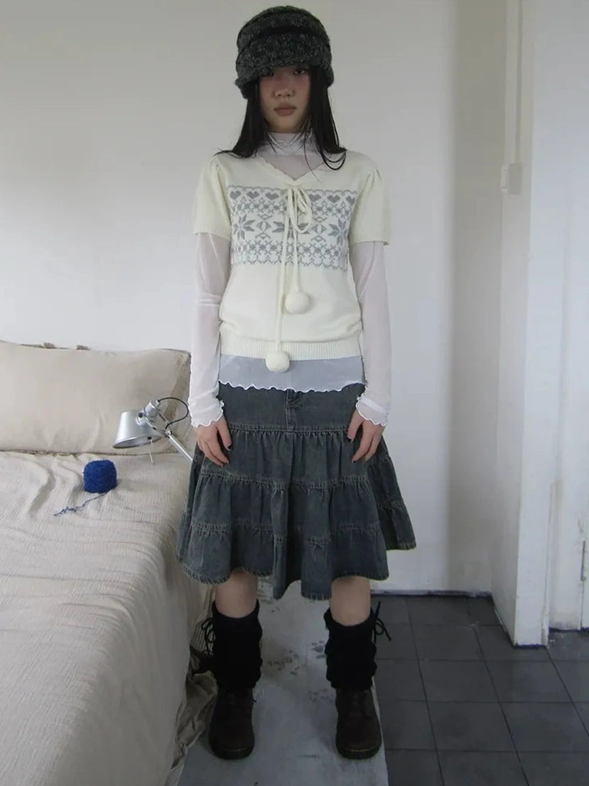 ang project Vintage Ethnic Jacquard Tie Front Knit Top Cardigan