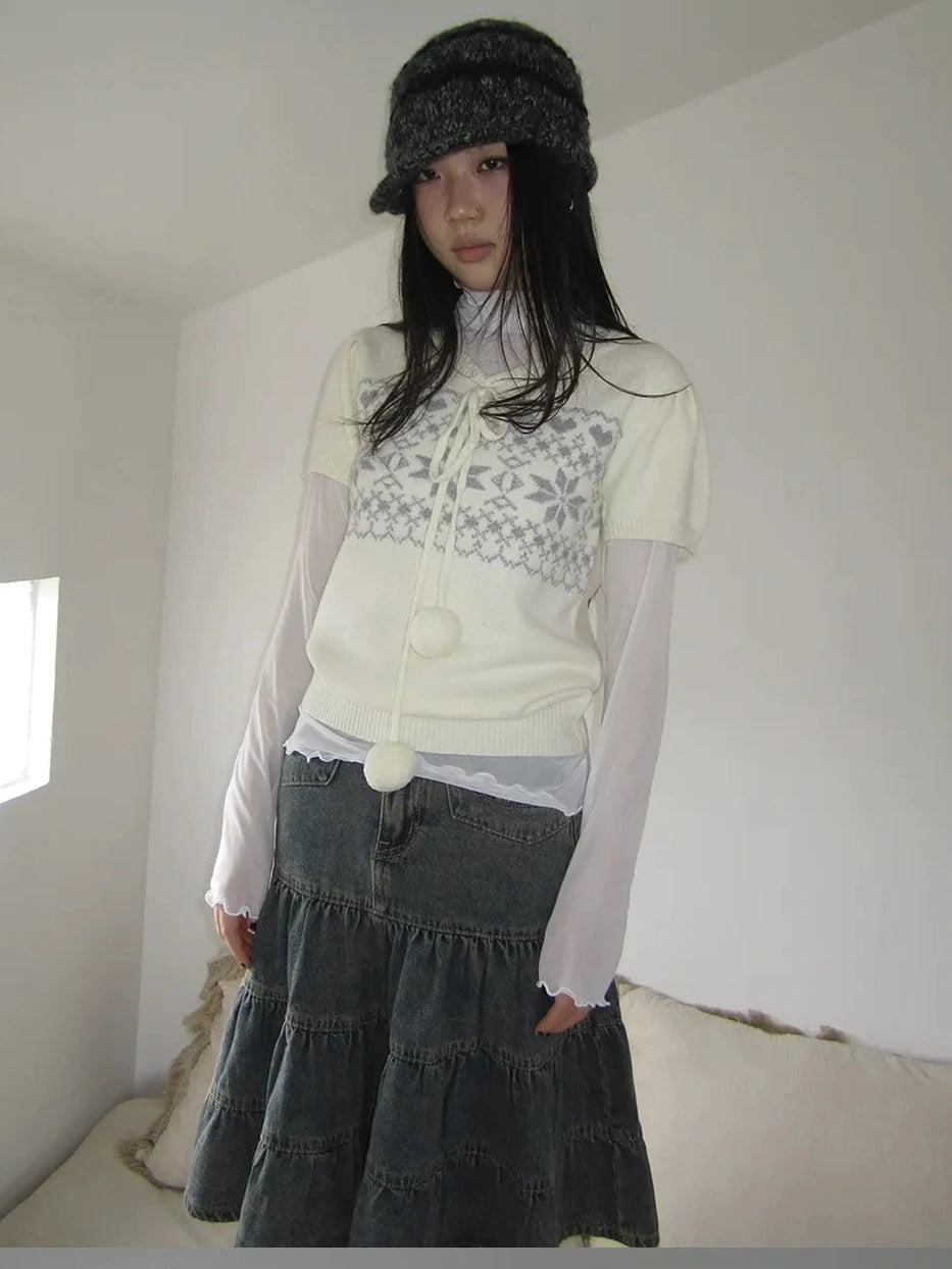 ang project Vintage Ethnic Jacquard Tie Front Knit Top Cardigan