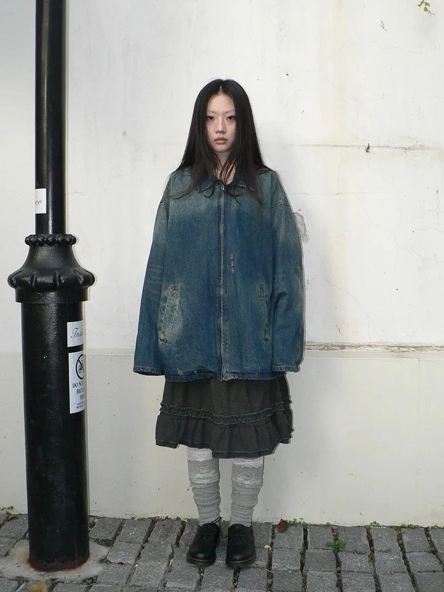 ang project Vintage Faded Distressed Loose Fit Denim Jacket Jacket