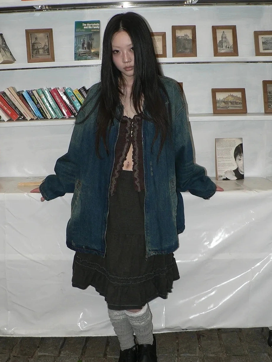 ang project Vintage Faded Distressed Loose Fit Denim Jacket Jacket