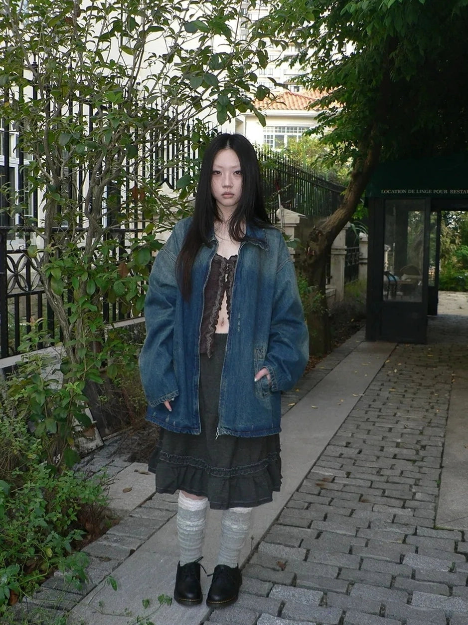 ang project Vintage Faded Distressed Loose Fit Denim Jacket Jacket