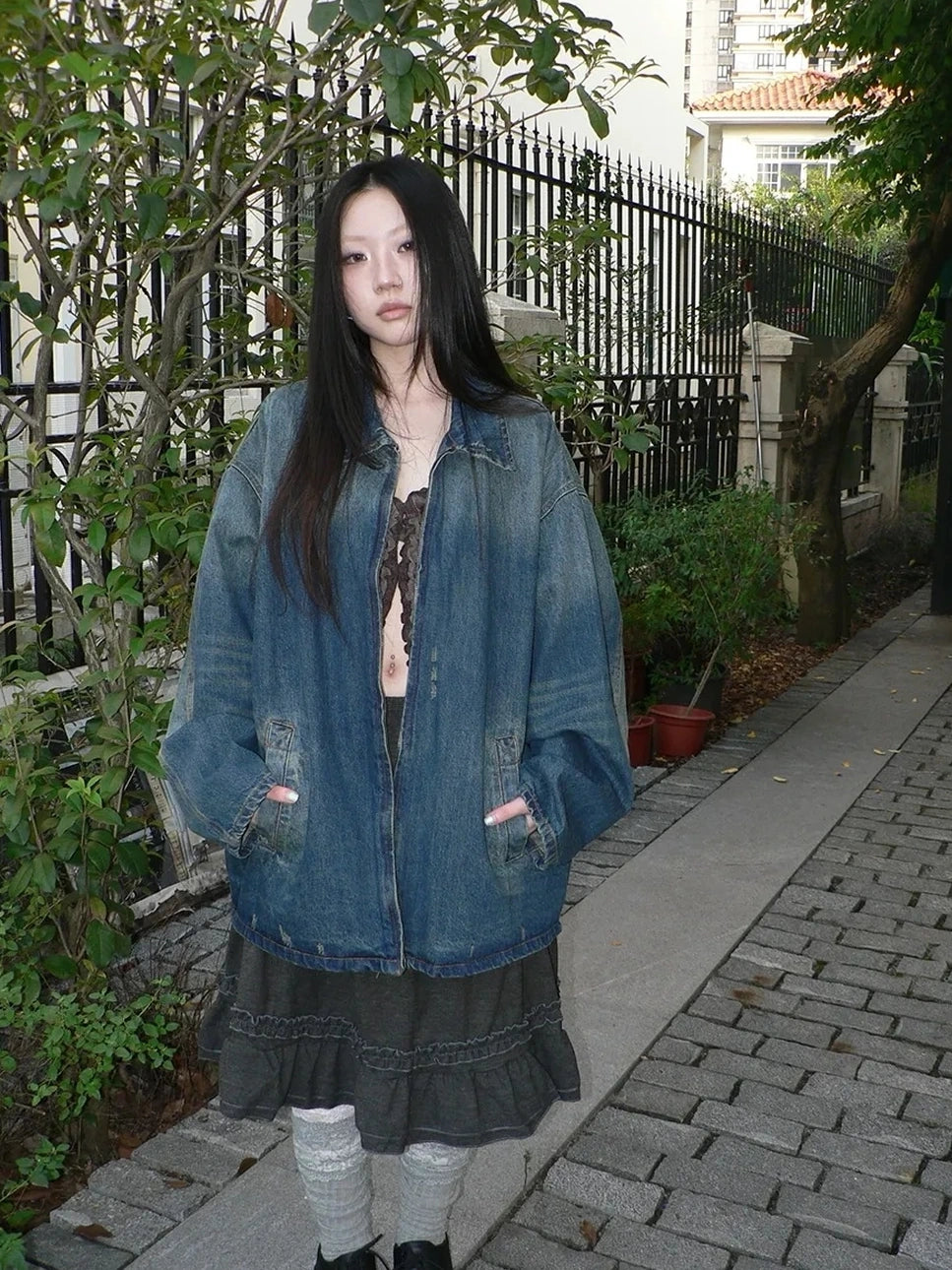 ang project Vintage Faded Distressed Loose Fit Denim Jacket Jacket