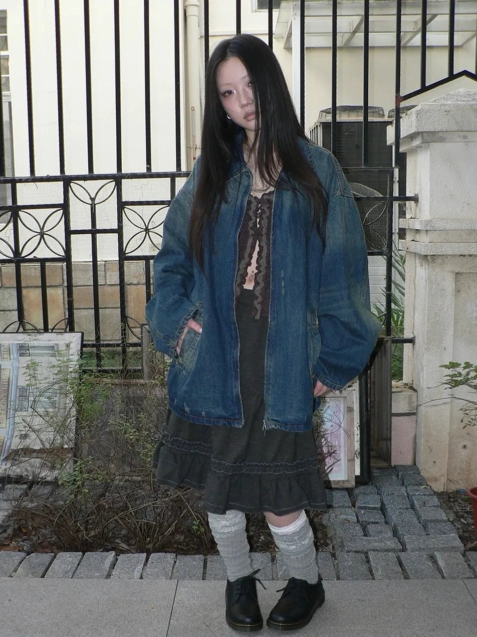 ang project Vintage Faded Distressed Loose Fit Denim Jacket Jacket