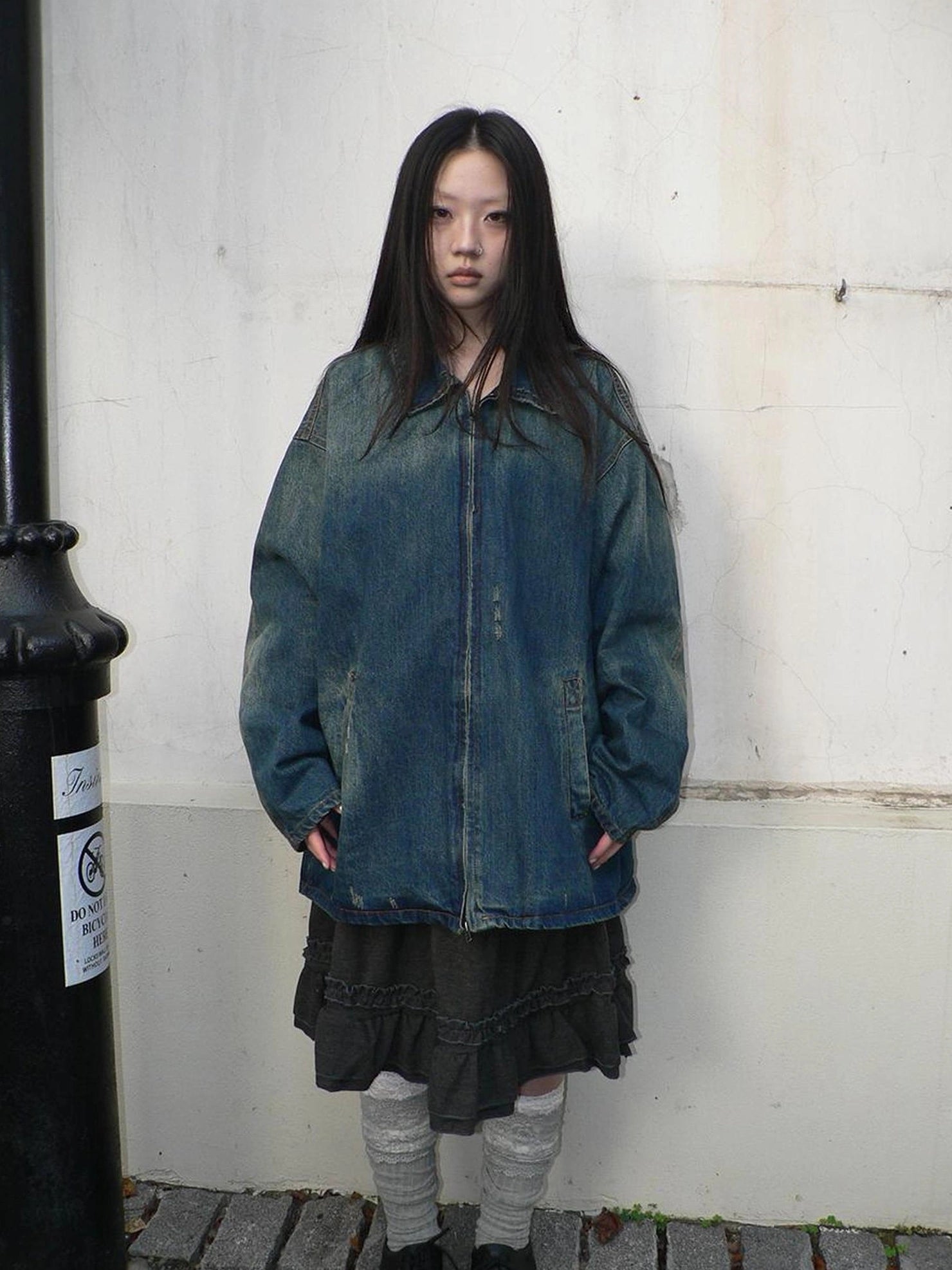 ang project Vintage Faded Distressed Loose Fit Denim Jacket Jacket