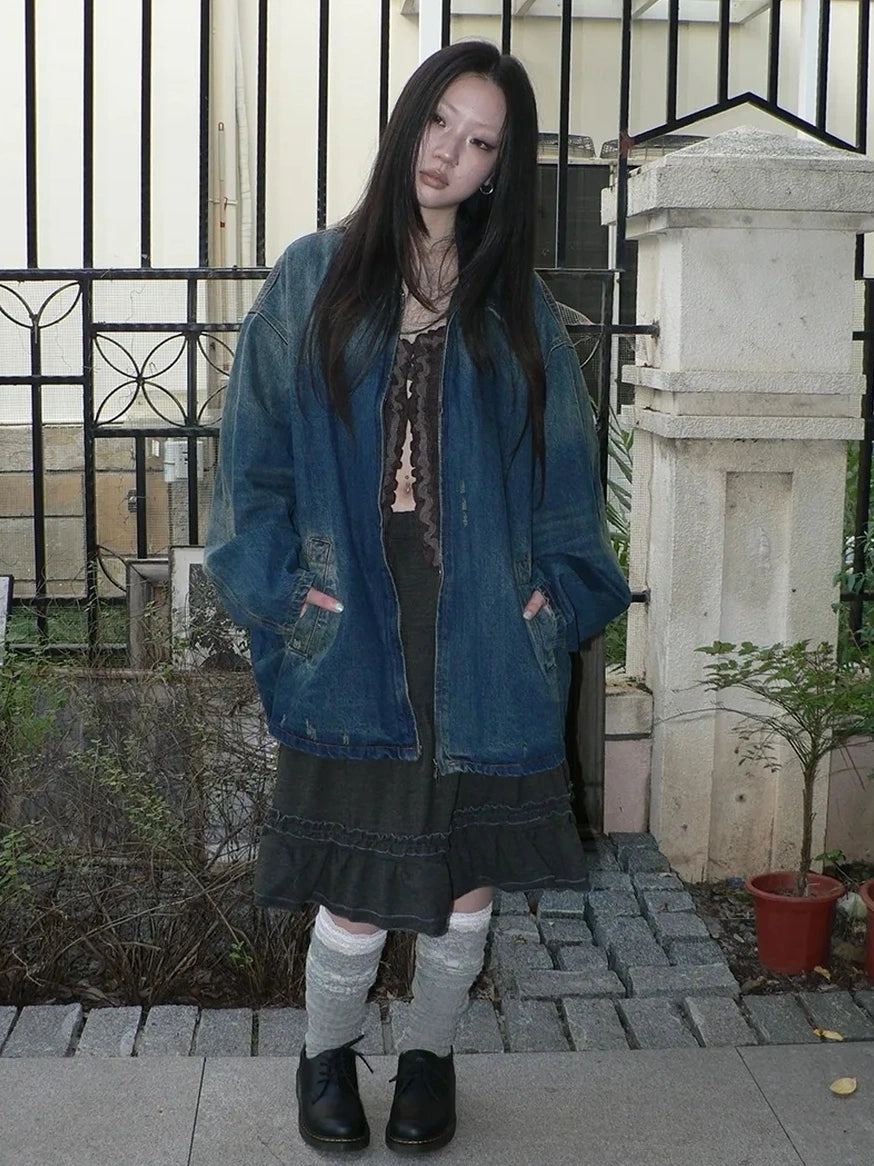 ang project Vintage Faded Distressed Loose Fit Denim Jacket Jacket