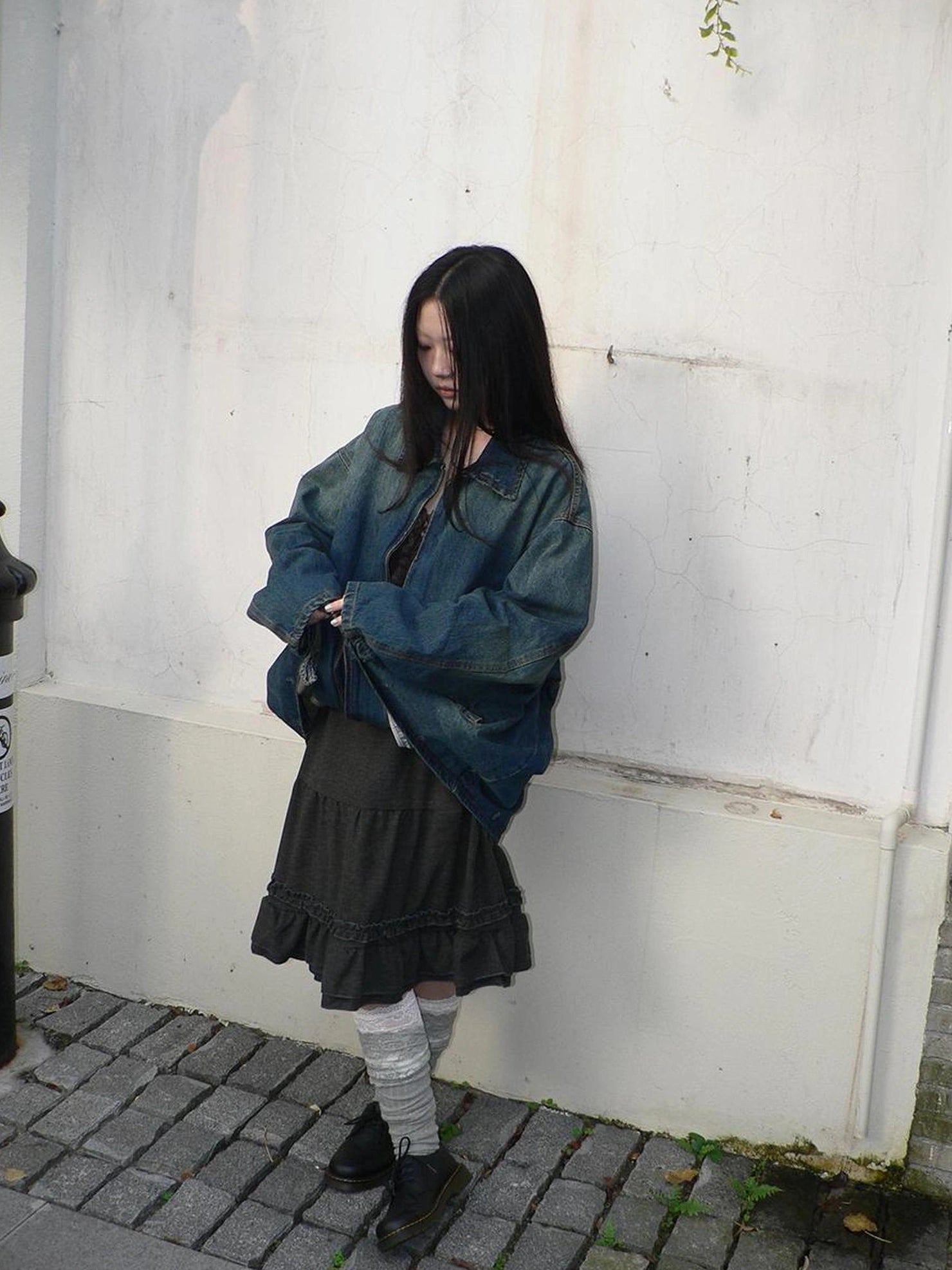 ang project Vintage Faded Distressed Loose Fit Denim Jacket Jacket