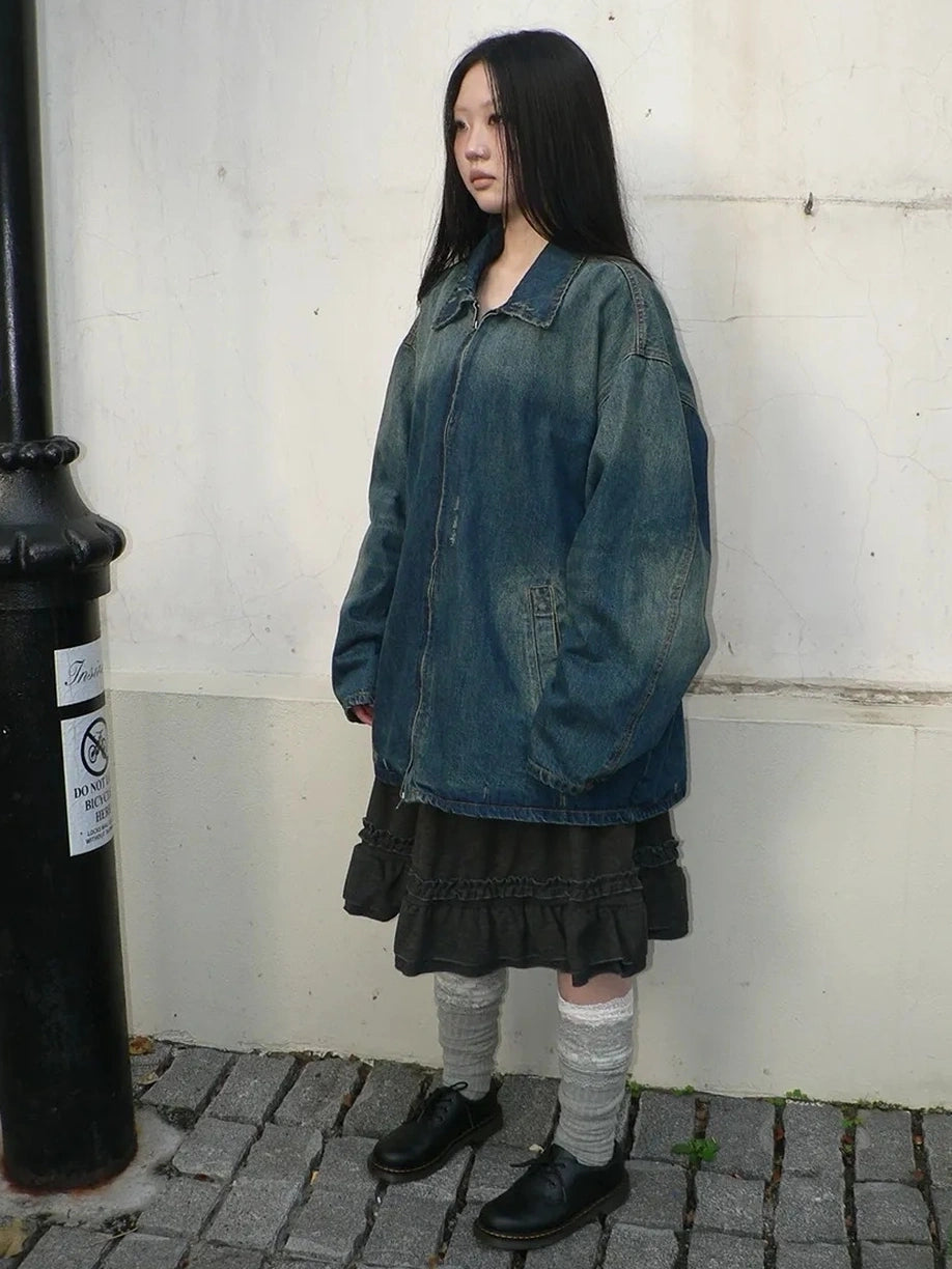 ang project Vintage Faded Distressed Loose Fit Denim Jacket Jacket