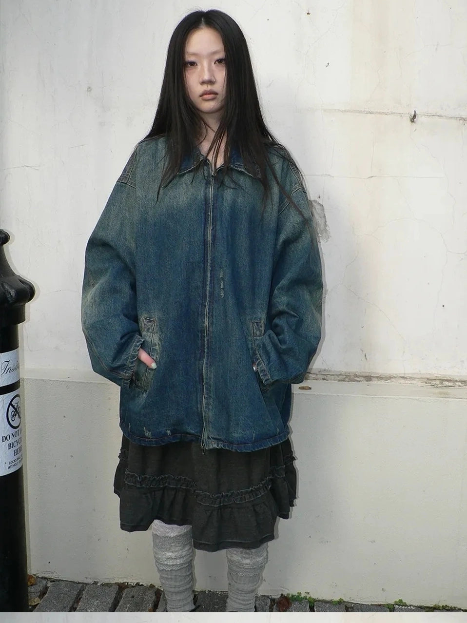 ang project Vintage Faded Distressed Loose Fit Denim Jacket Jacket