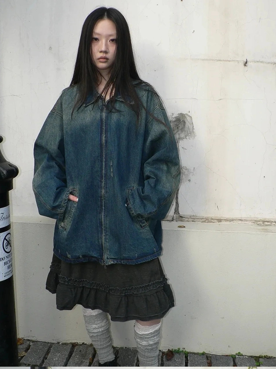 ang project Vintage Faded Distressed Loose Fit Denim Jacket Jacket