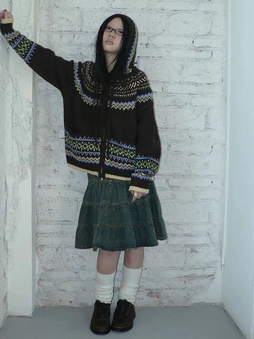 ang project Vintage Fair Isle Zip Up Hooded Cardigan Sweater