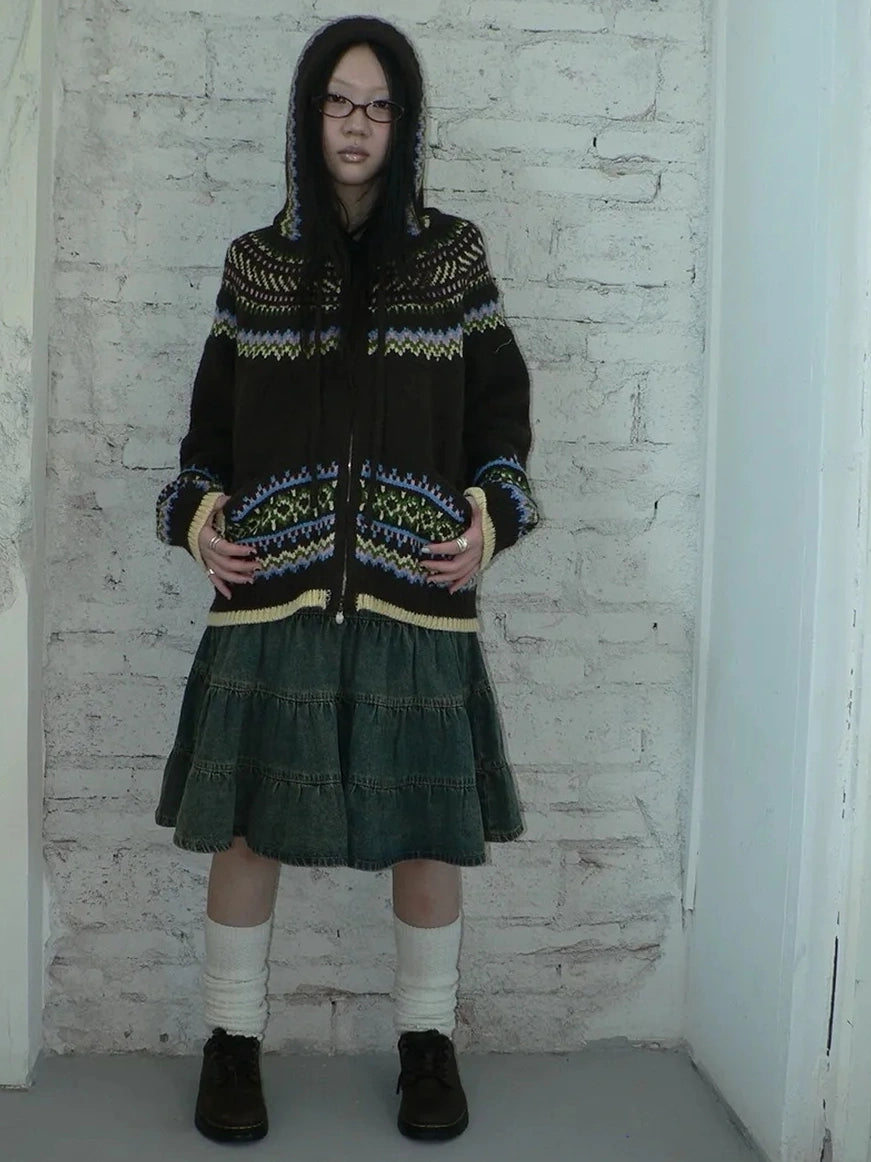 ang project Vintage Fair Isle Zip Up Hooded Cardigan Sweater