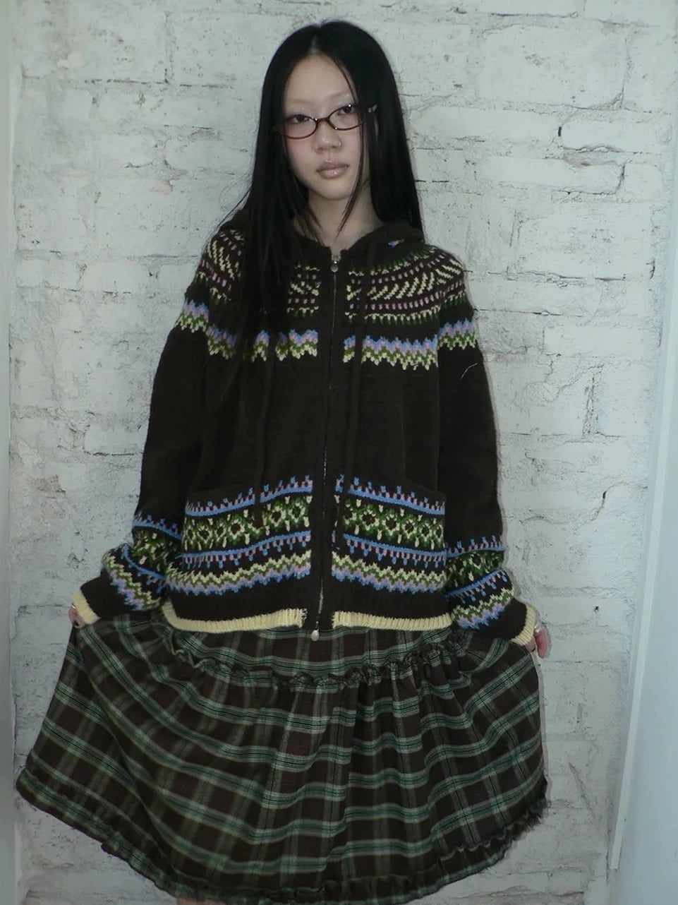 ang project Vintage Fair Isle Zip Up Hooded Cardigan Sweater