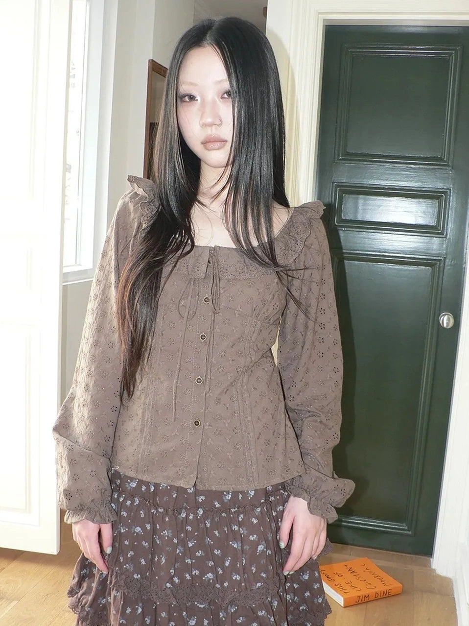 ang project Vintage Floral Embroidered Lace Bubble Sleeve Blouse Shirts