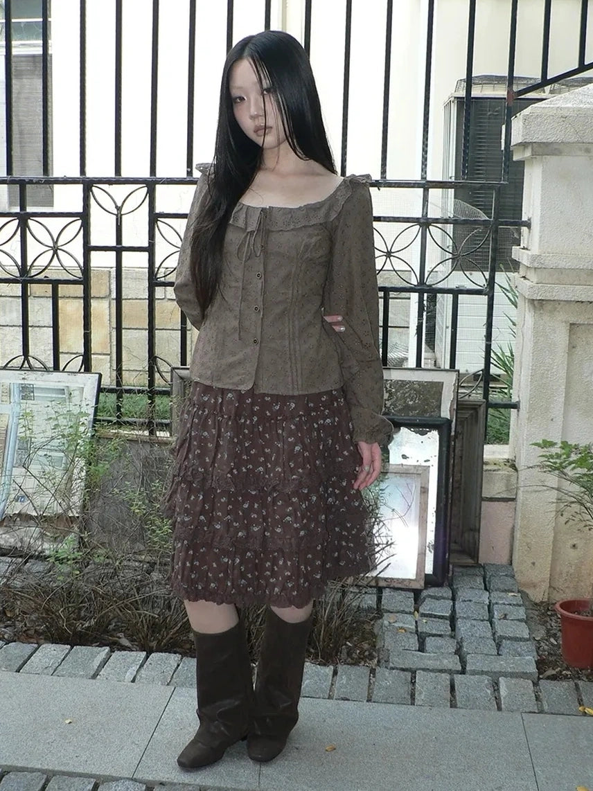 ang project Vintage Floral Embroidered Lace Bubble Sleeve Blouse Shirts