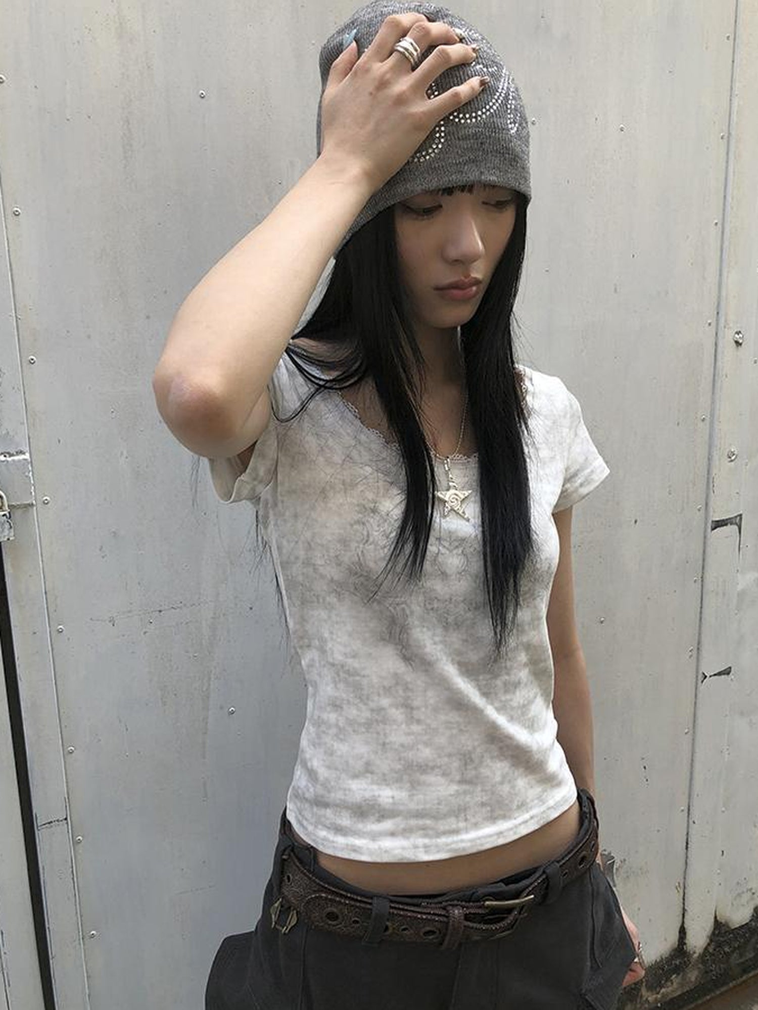 Updateang project Vintage Floral Lace Collar Stretch Slim Tee
