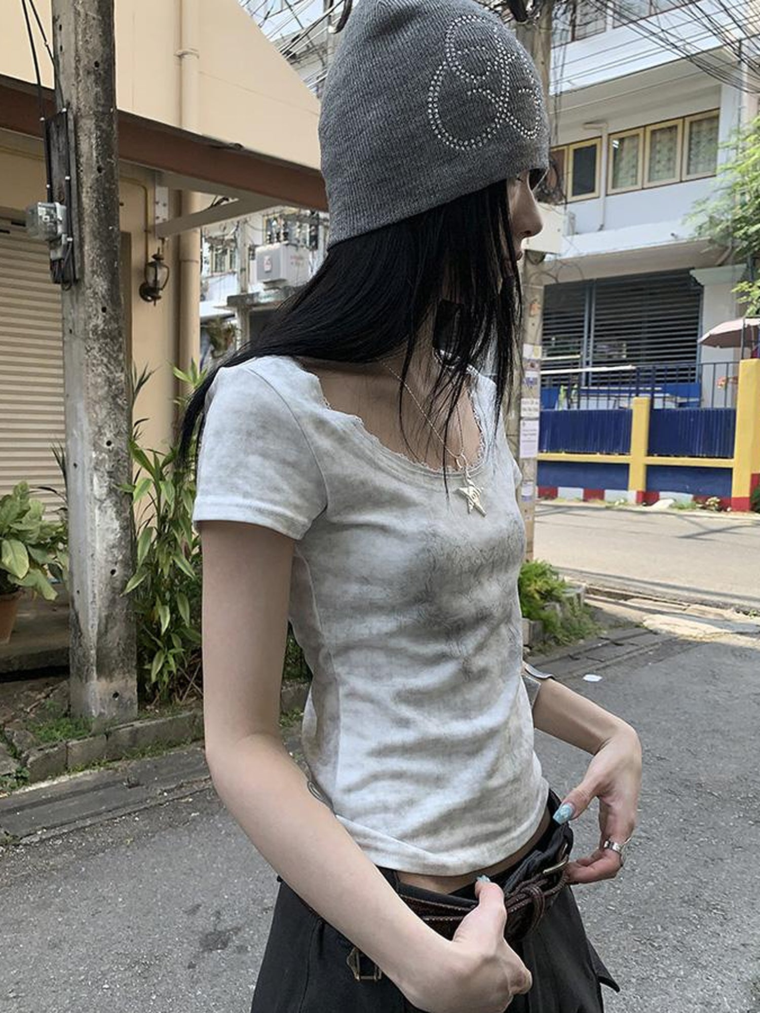 Updateang project Vintage Floral Lace Collar Stretch Slim Tee