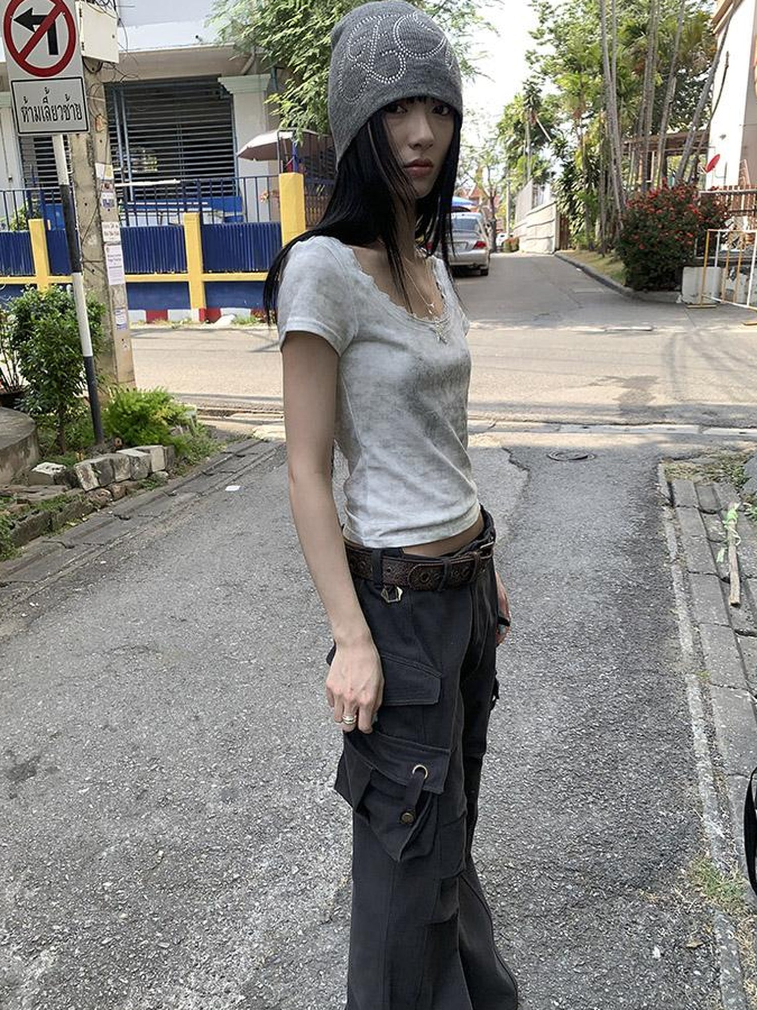 Updateang project Vintage Floral Lace Collar Stretch Slim Tee