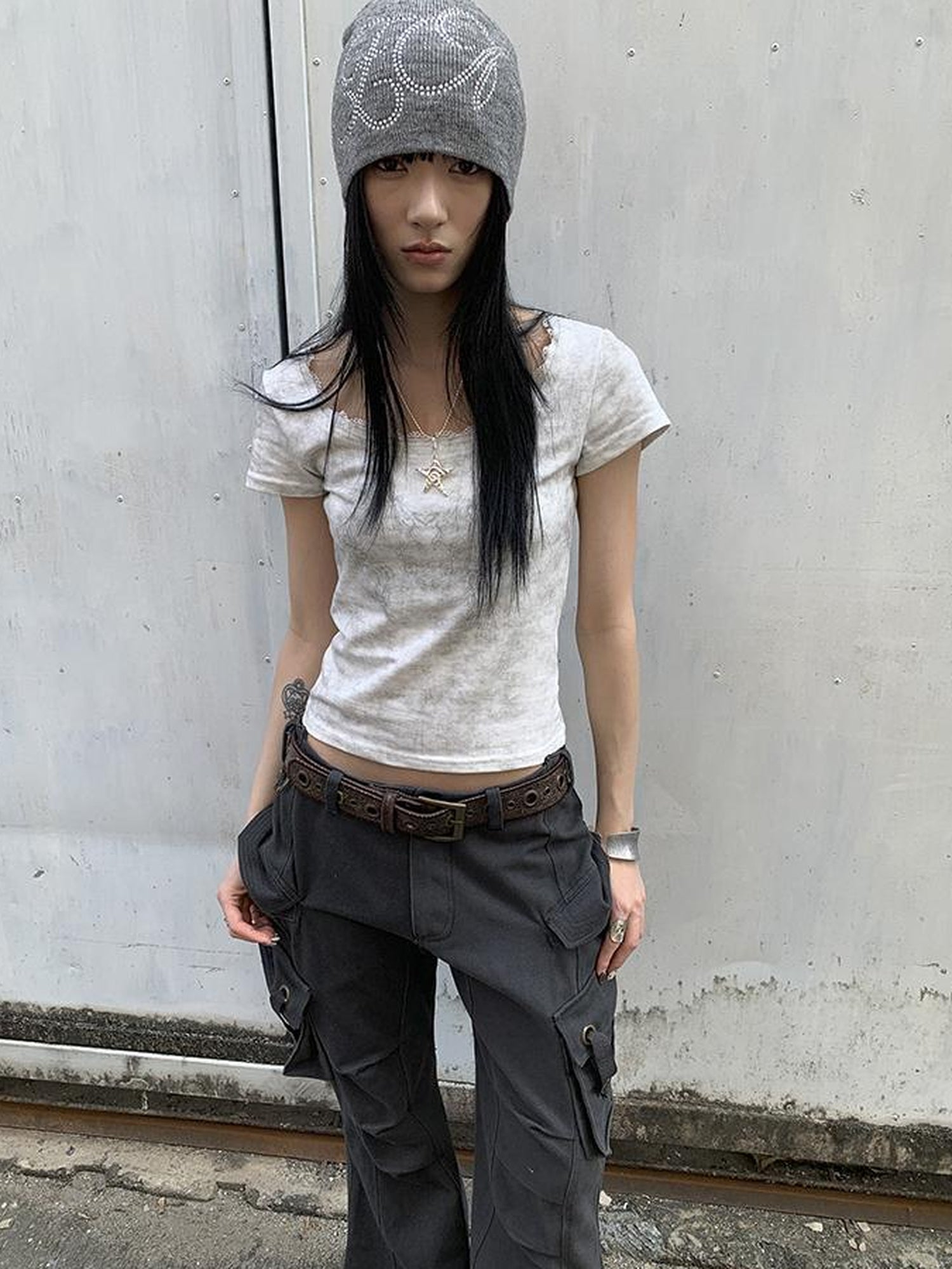 Updateang project Vintage Floral Lace Collar Stretch Slim Tee