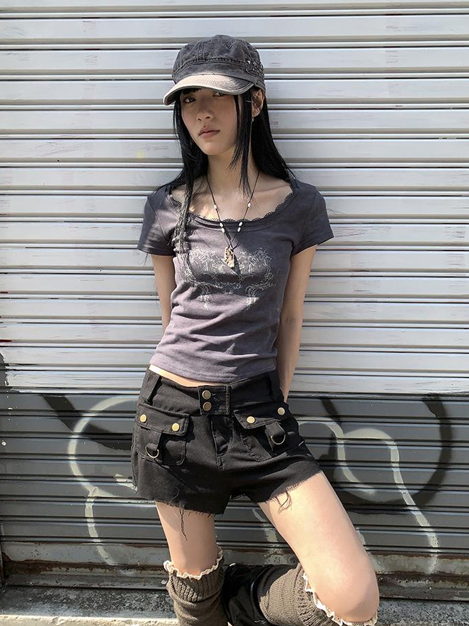 Updateang project Vintage Floral Lace Collar Stretch Slim Tee