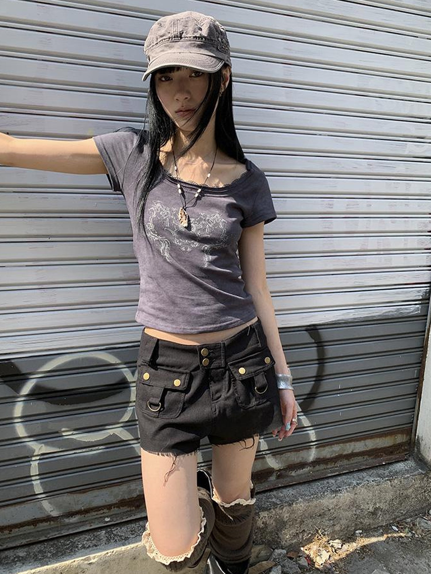 Updateang project Vintage Floral Lace Collar Stretch Slim Tee