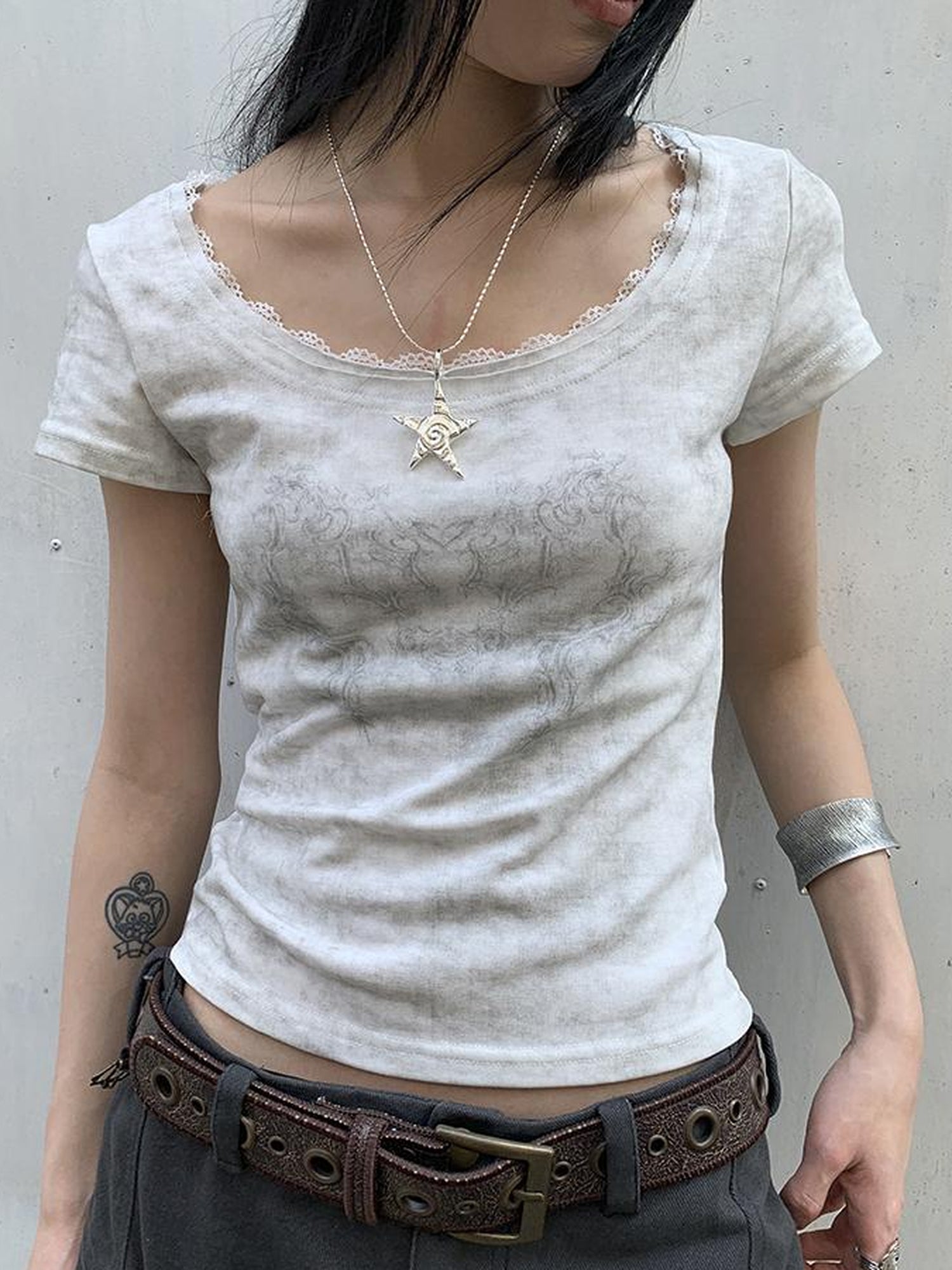 Updateang project Vintage Floral Lace Collar Stretch Slim Tee