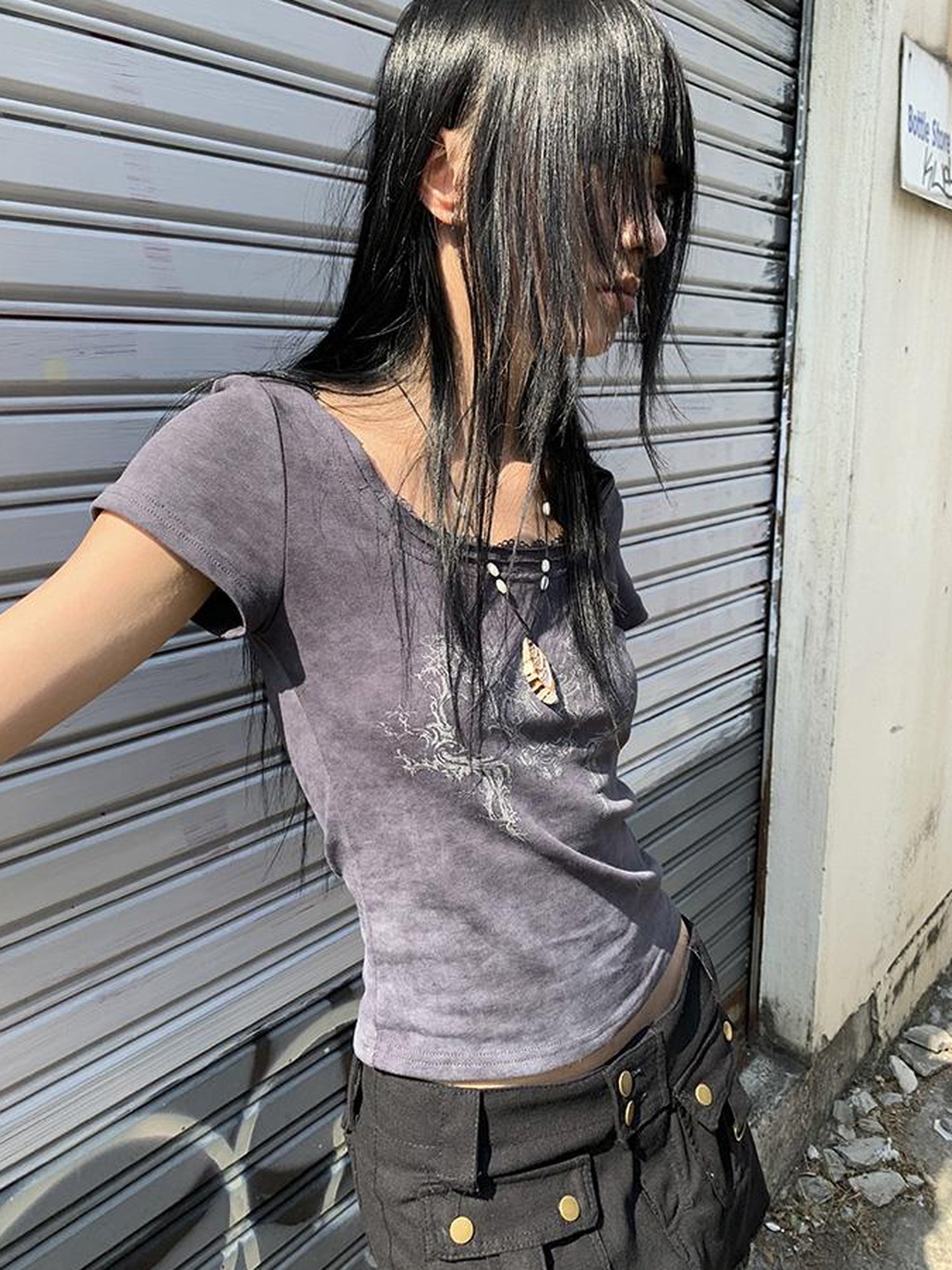 Updateang project Vintage Floral Lace Collar Stretch Slim Tee