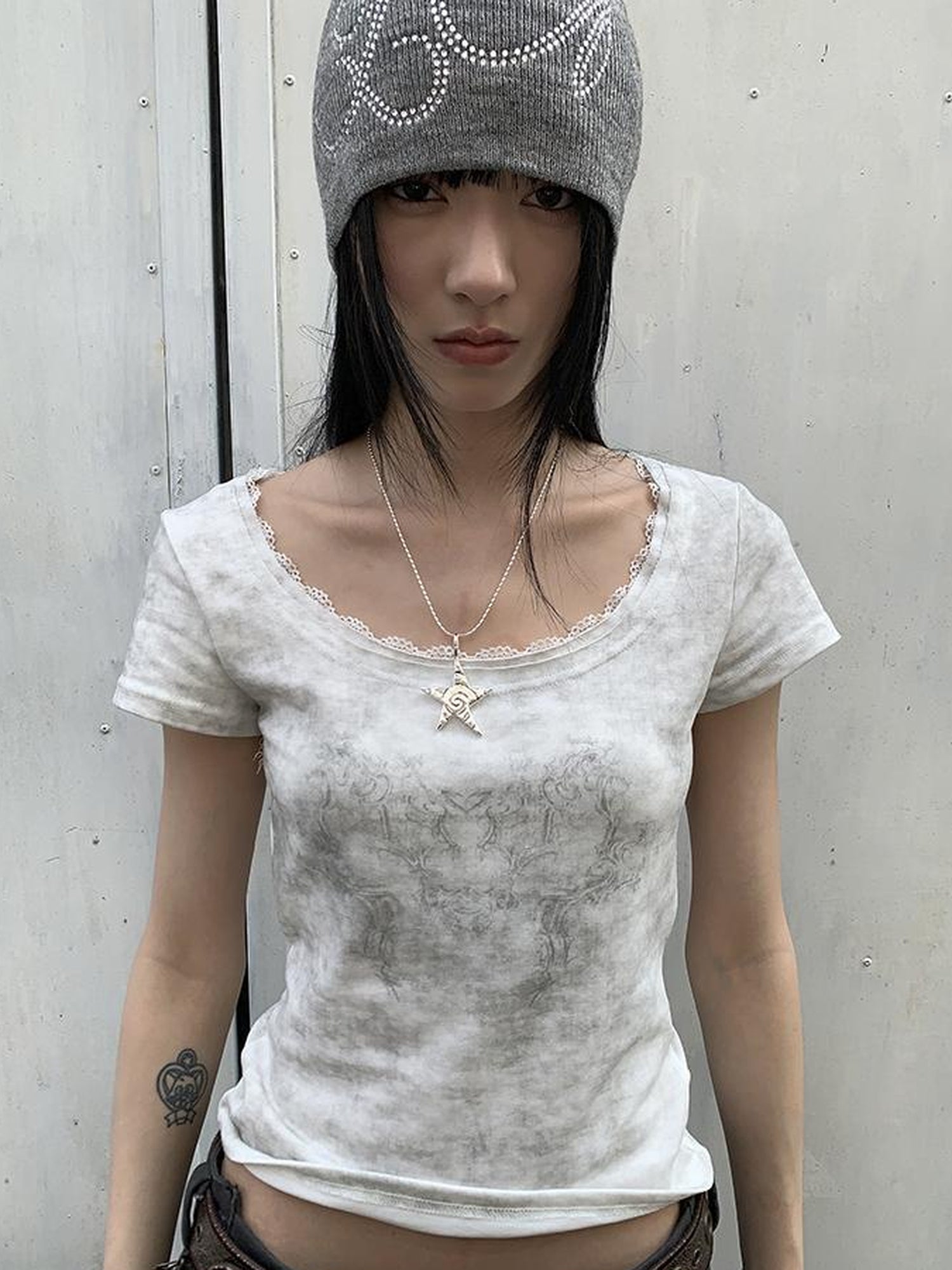 Updateang project Vintage Floral Lace Collar Stretch Slim Tee