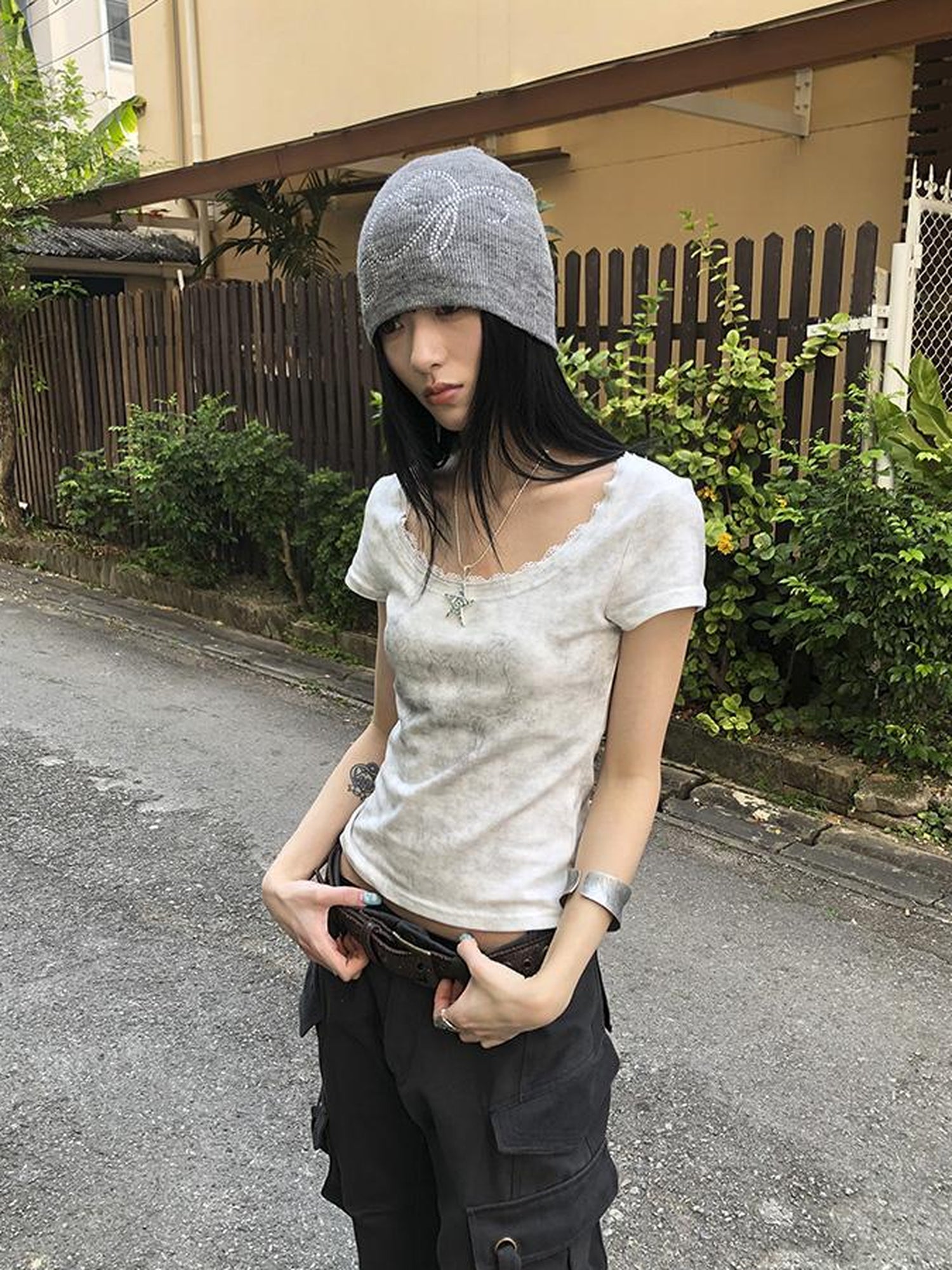 Updateang project Vintage Floral Lace Collar Stretch Slim Tee