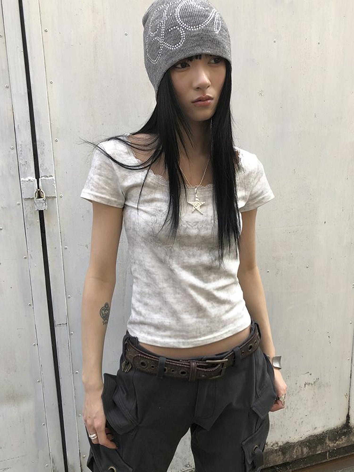 Updateang project Vintage Floral Lace Collar Stretch Slim Tee