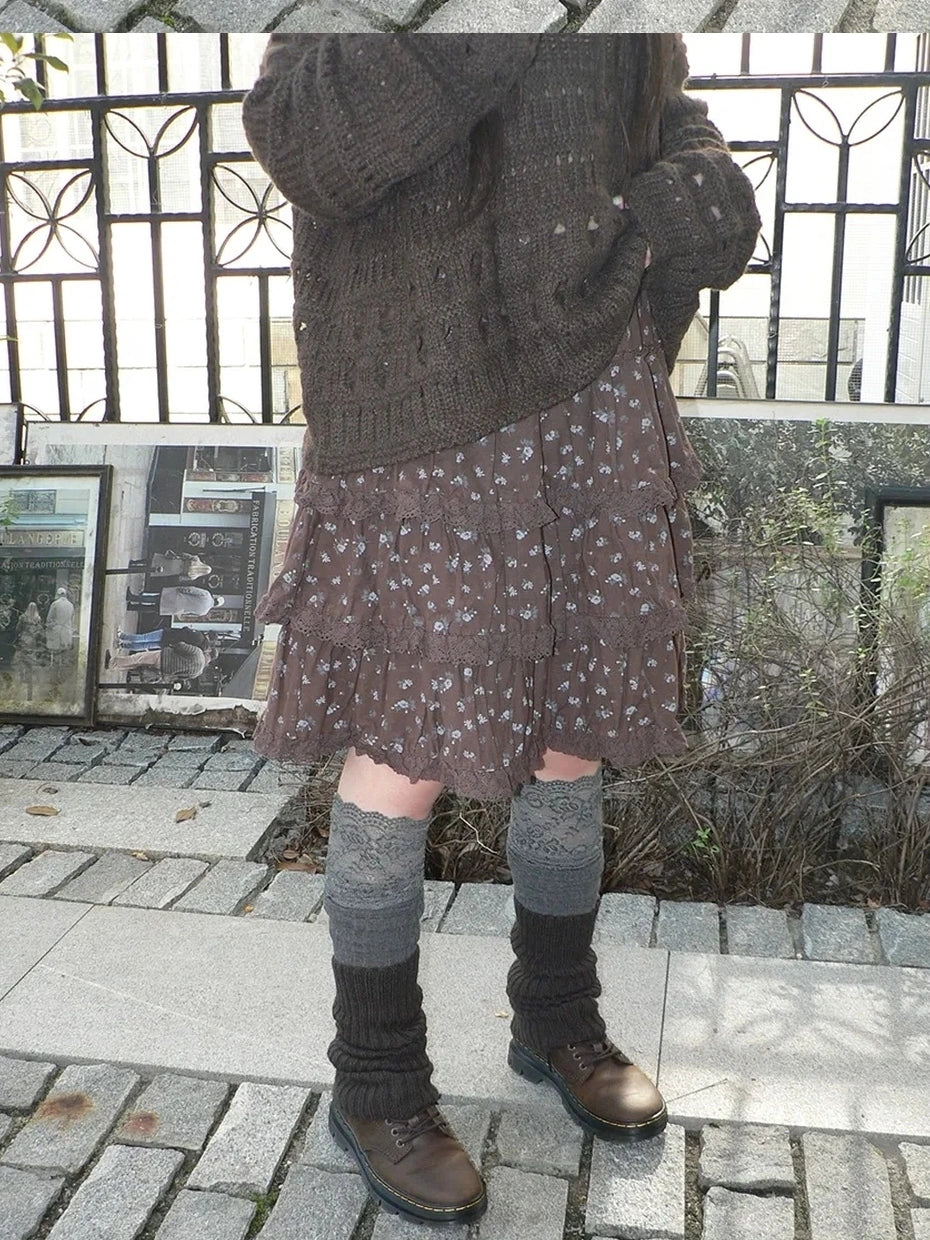 ang project Vintage Floral Lace Trim Tiered Midi Skirt Skirt