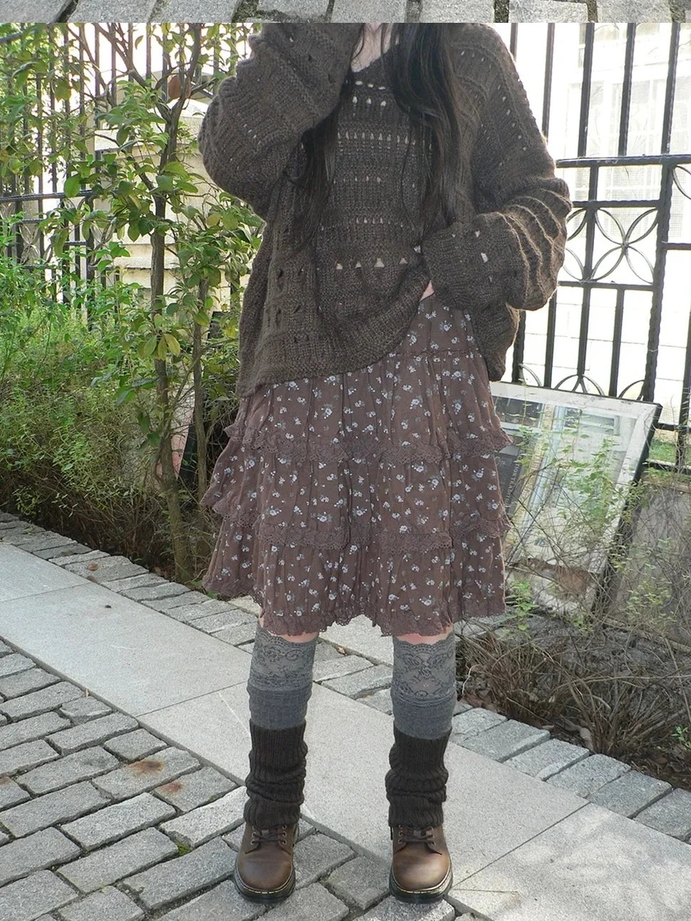 ang project Vintage Floral Lace Trim Tiered Midi Skirt Skirt