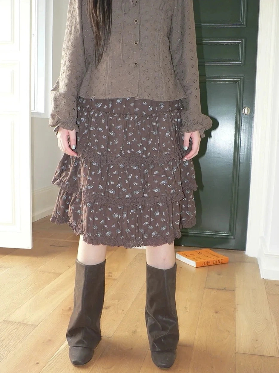 ang project Vintage Floral Lace Trim Tiered Midi Skirt Skirt