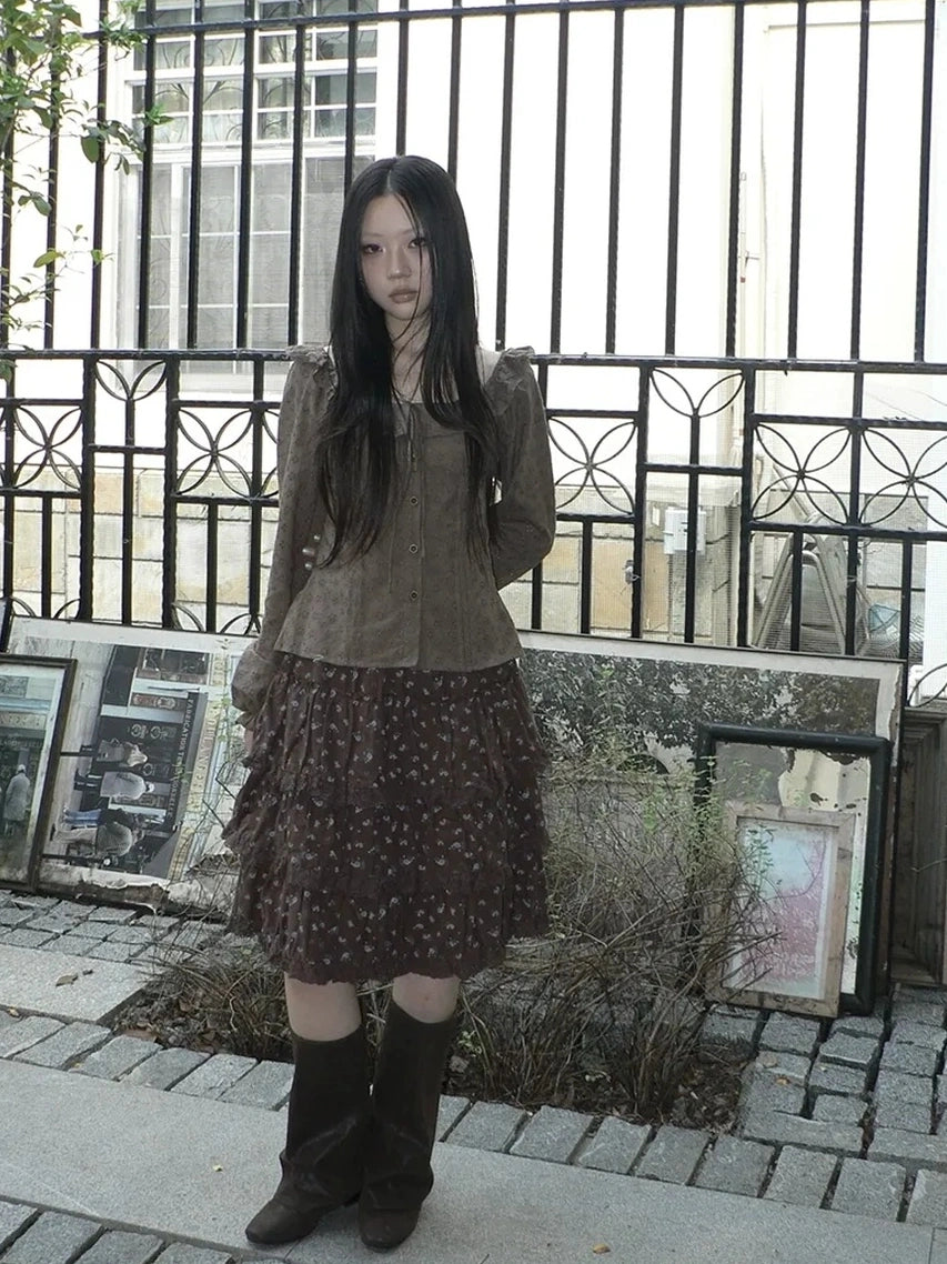 ang project Vintage Floral Lace Trim Tiered Midi Skirt Skirt