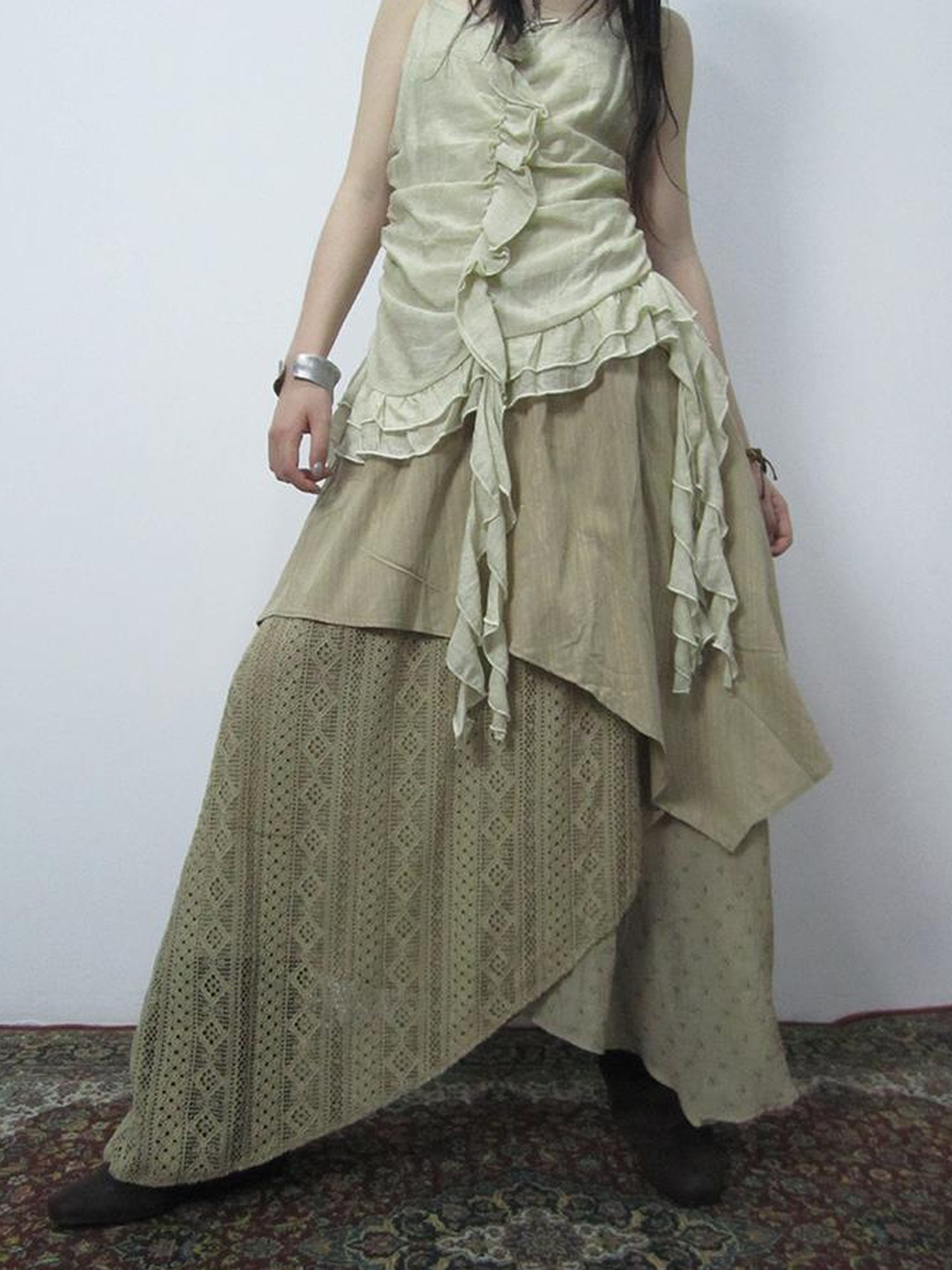 ang project Vintage Floral Patchwork Skirt With Elastic Waist