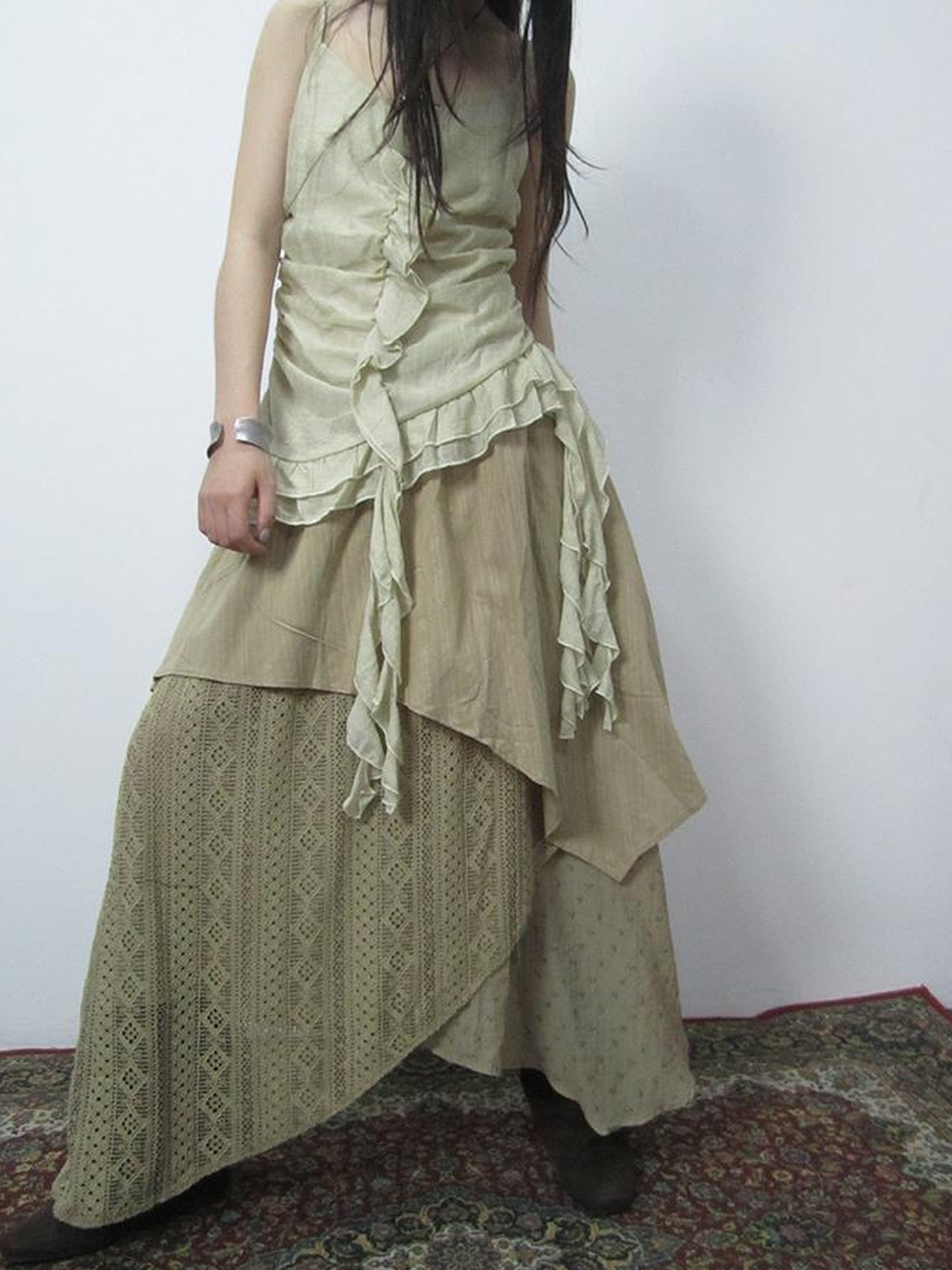 ang project Vintage Floral Patchwork Skirt With Elastic Waist