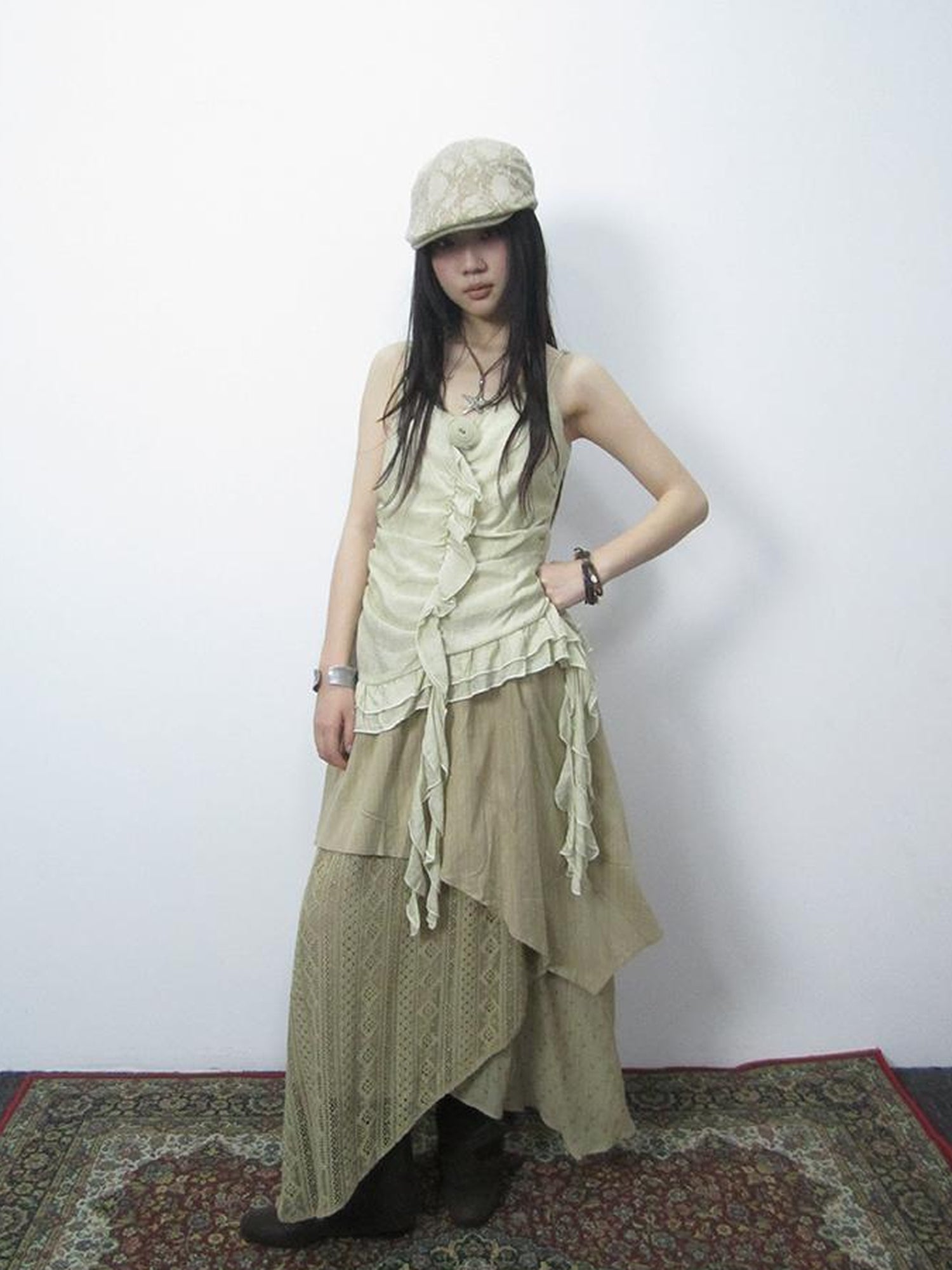 ang project Vintage Floral Patchwork Skirt With Elastic Waist