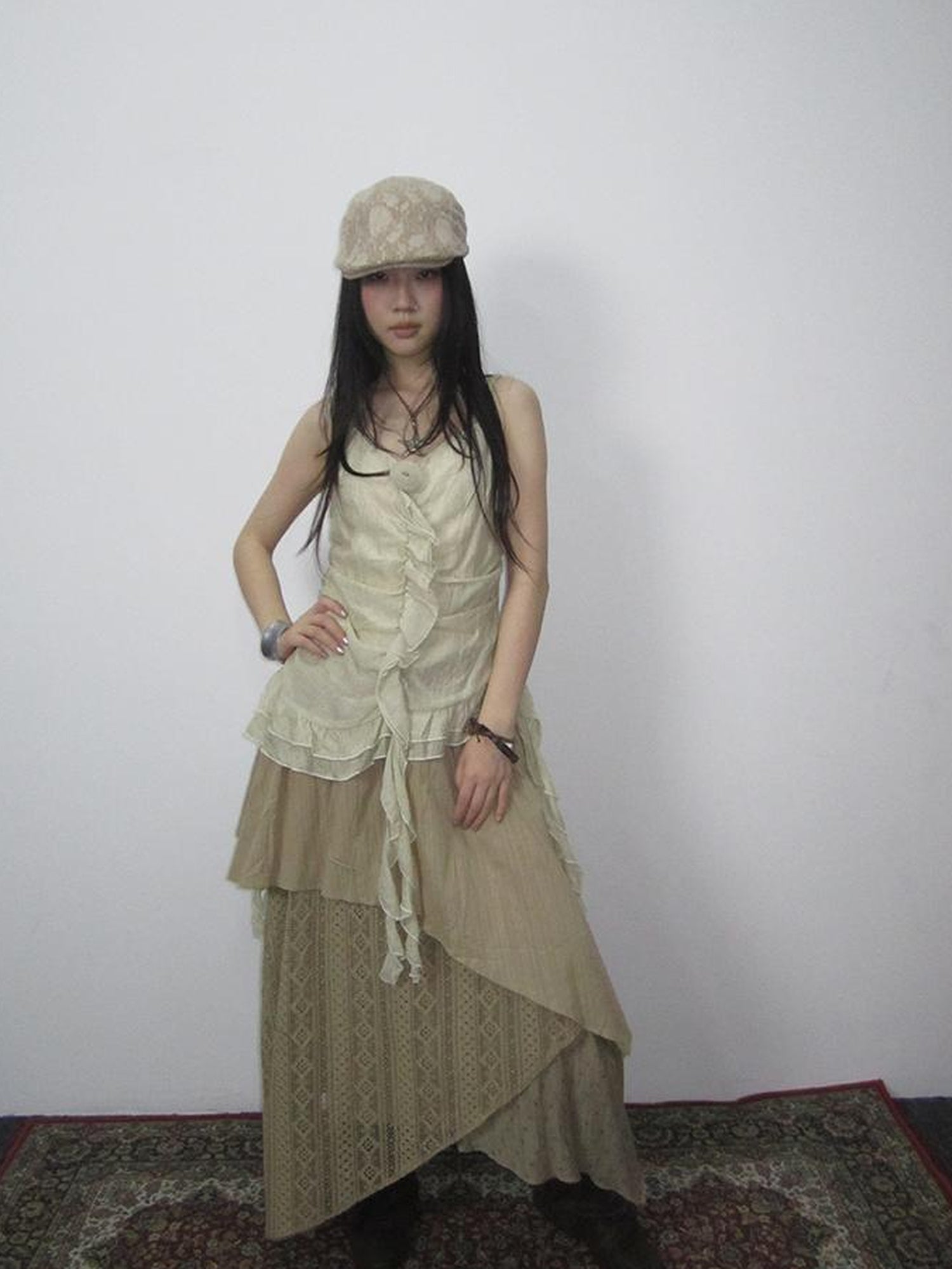 ang project Vintage Floral Patchwork Skirt With Elastic Waist