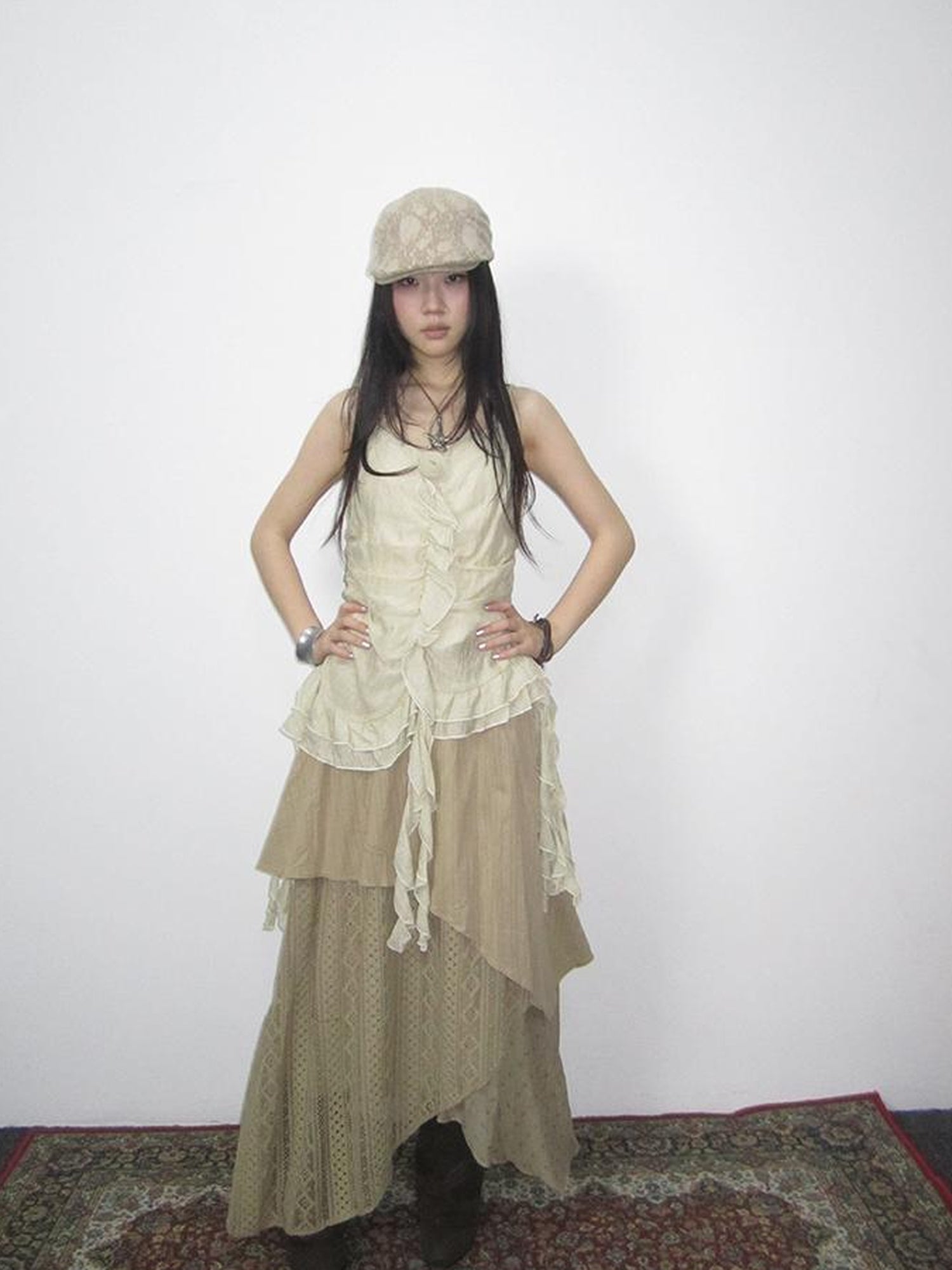 ang project Vintage Floral Patchwork Skirt With Elastic Waist