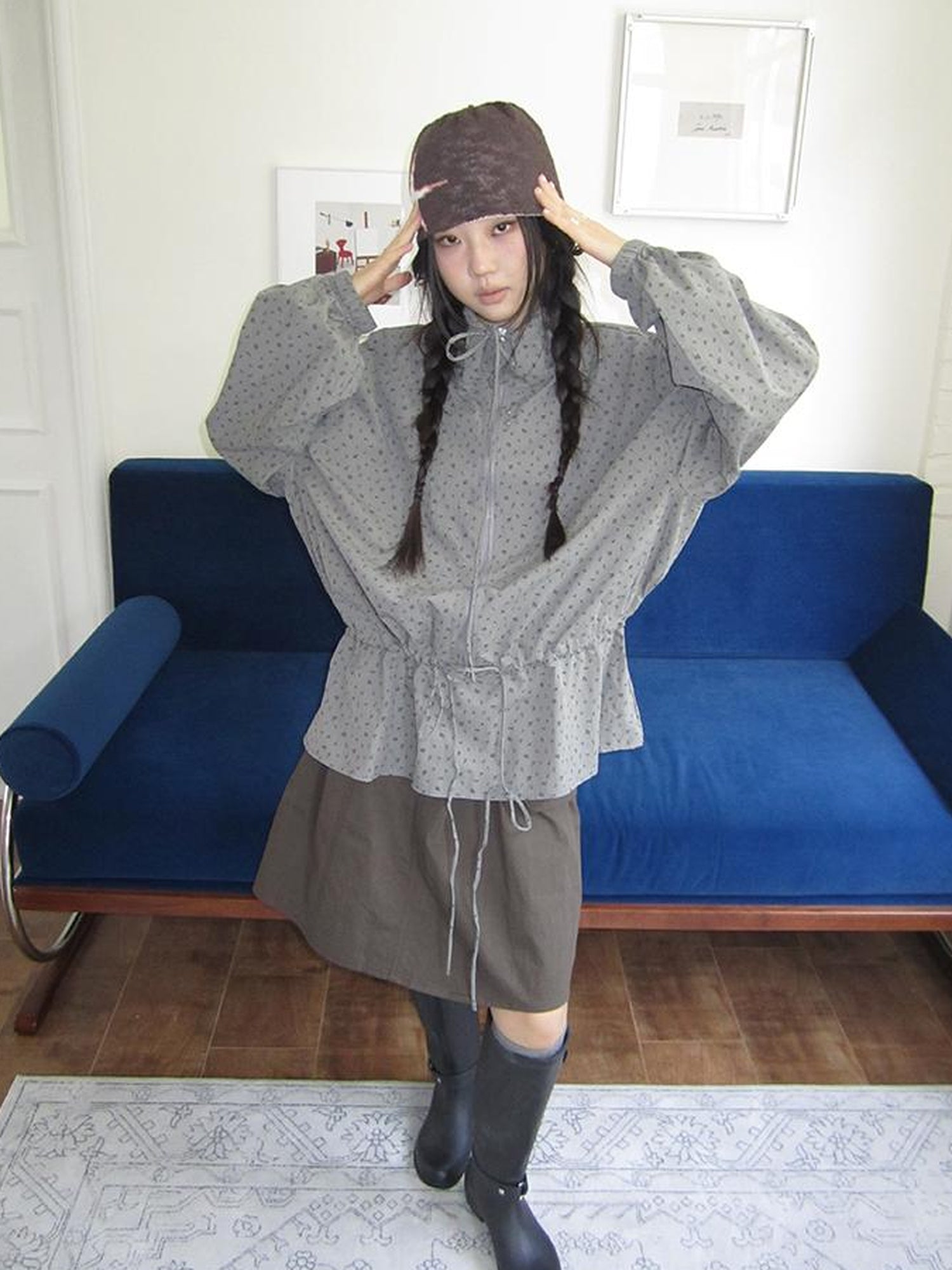 ang project Vintage Floral Print Lace-Up Waist Long Sleeve Blouse