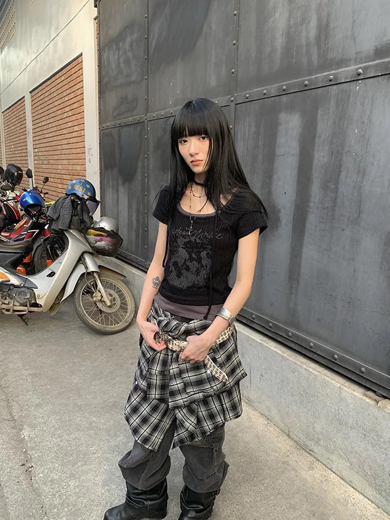 Vintage Floral Print Layered Elastic Short Sleeve Tee With Scarf