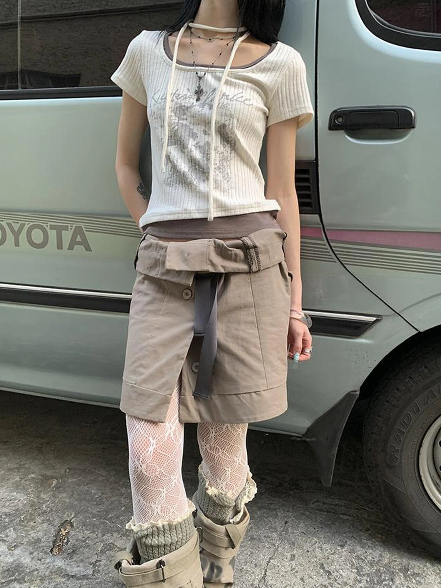 Vintage Floral Print Layered Elastic Short Sleeve Tee With Scarf