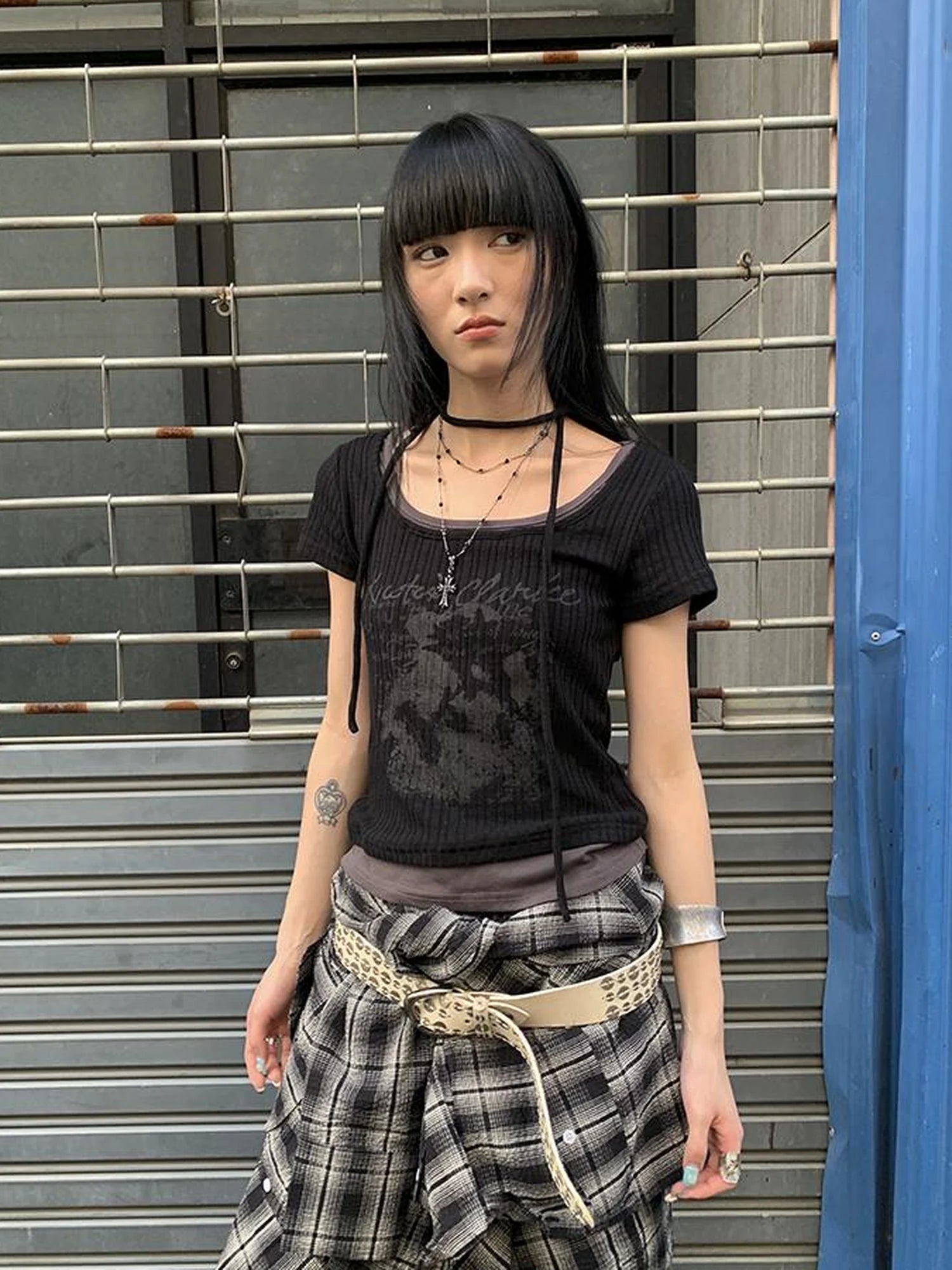 Vintage Floral Print Layered Elastic Short Sleeve Tee With Scarf