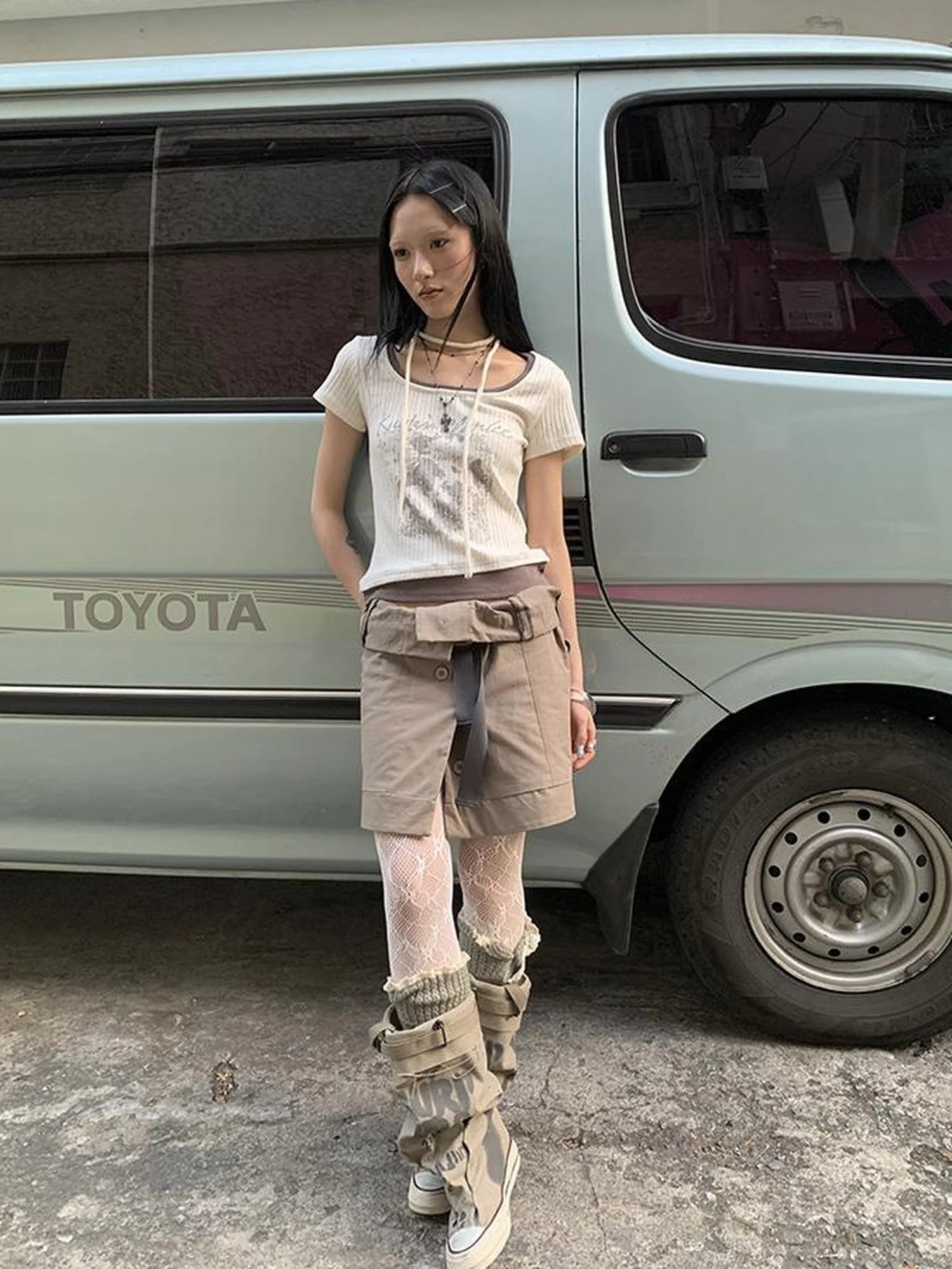 Vintage Floral Print Layered Elastic Short Sleeve Tee With Scarf