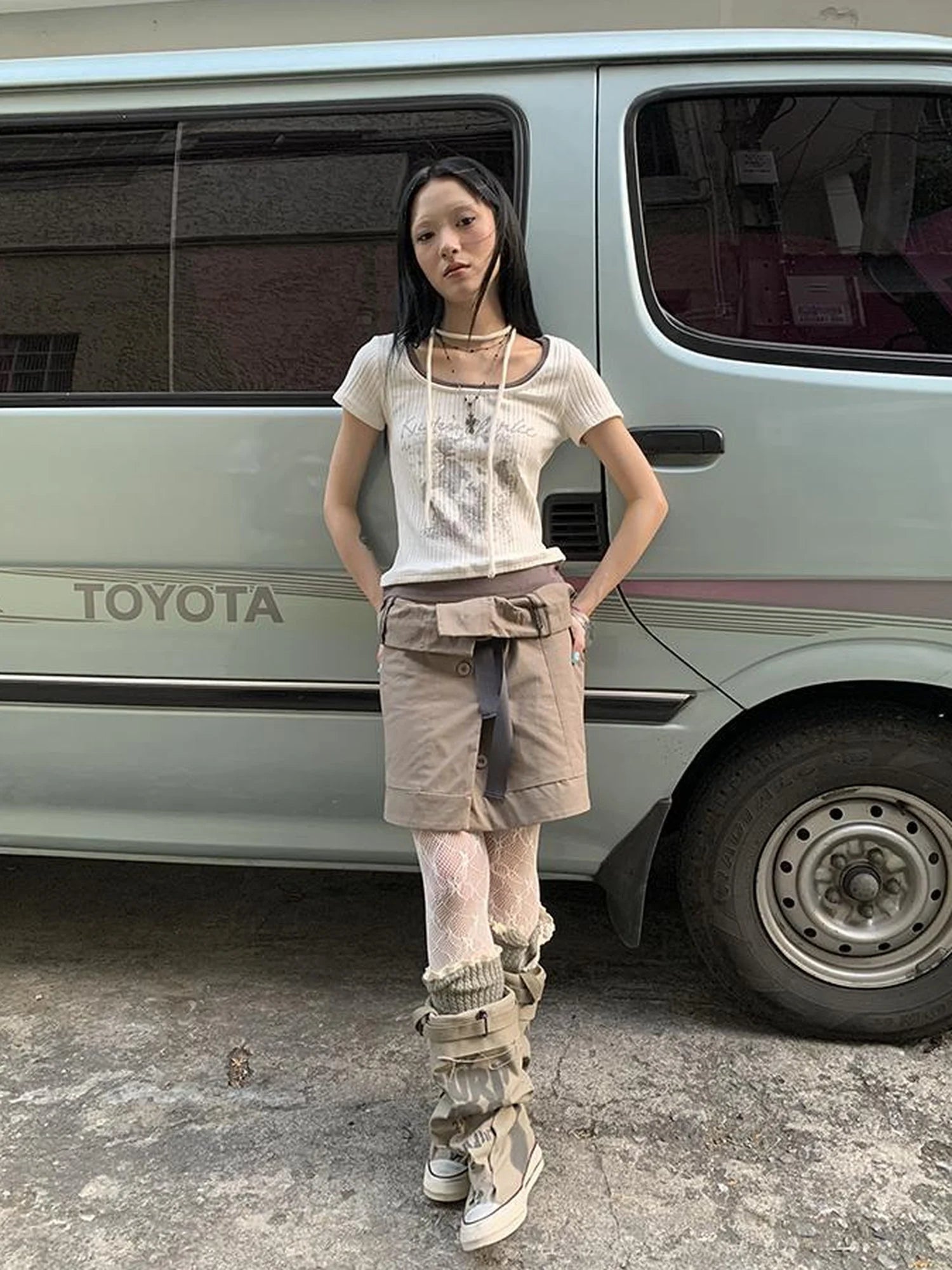 Vintage Floral Print Layered Elastic Short Sleeve Tee With Scarf