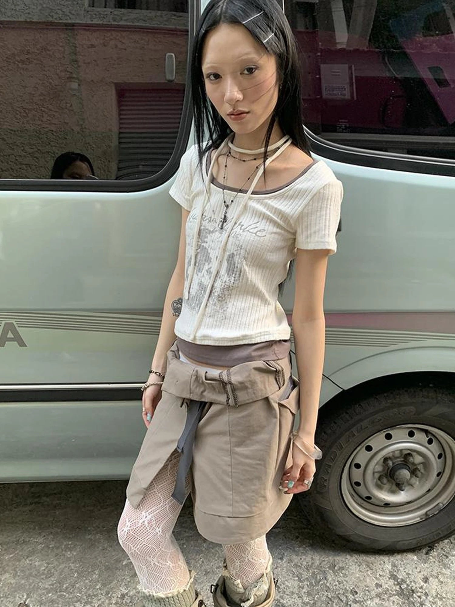 Vintage Floral Print Layered Elastic Short Sleeve Tee With Scarf