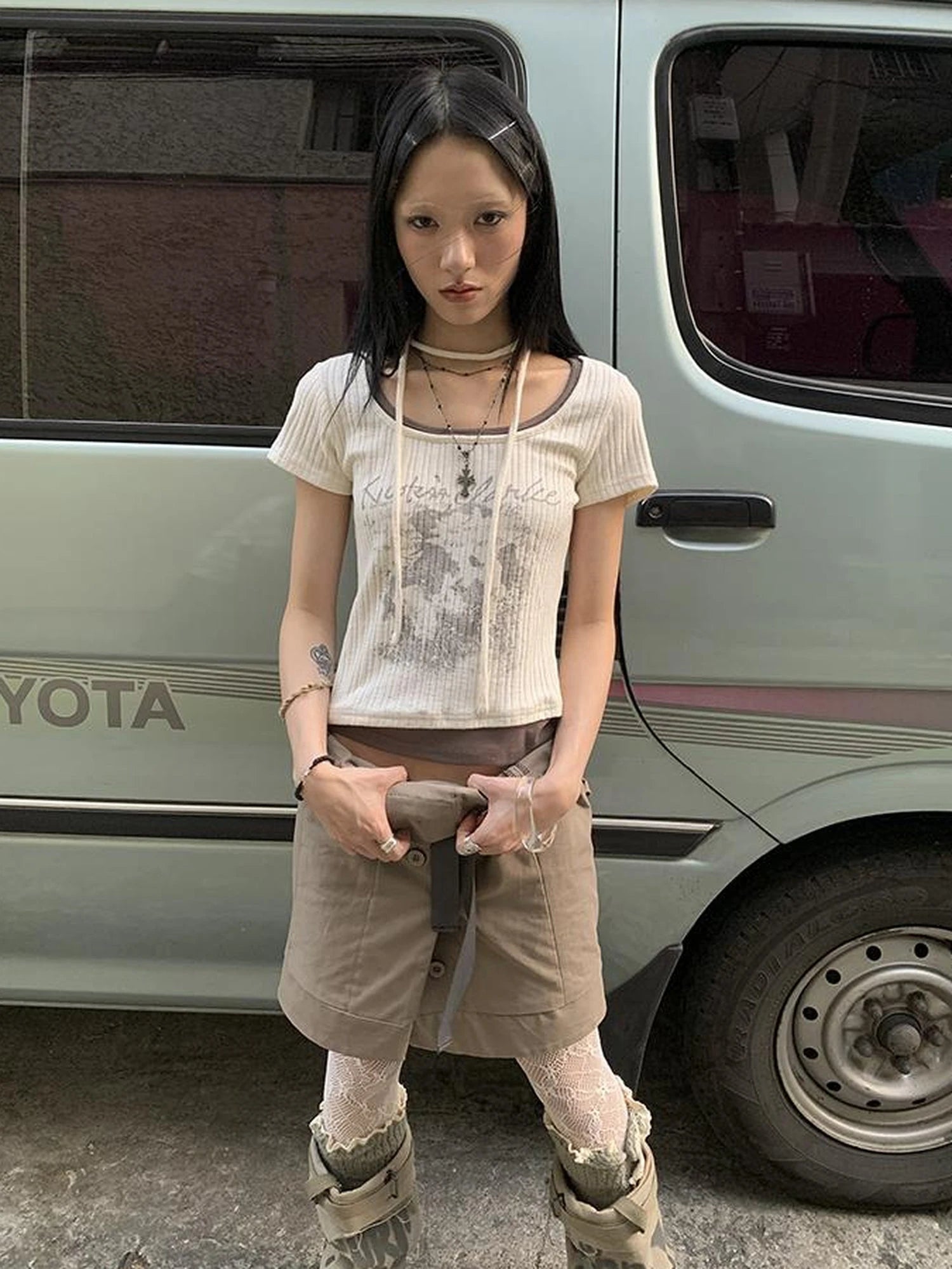 Vintage Floral Print Layered Elastic Short Sleeve Tee With Scarf