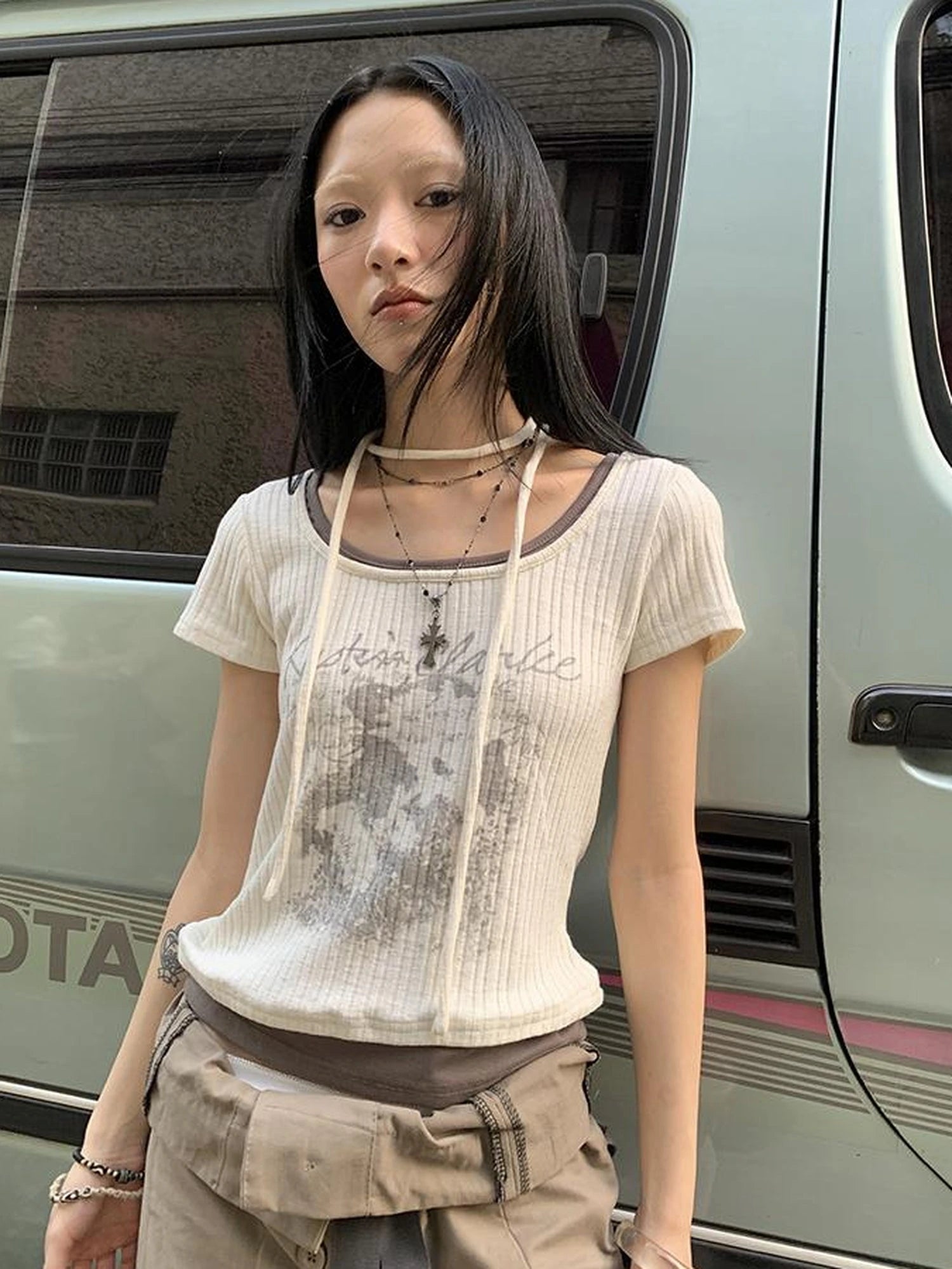 Vintage Floral Print Layered Elastic Short Sleeve Tee With Scarf